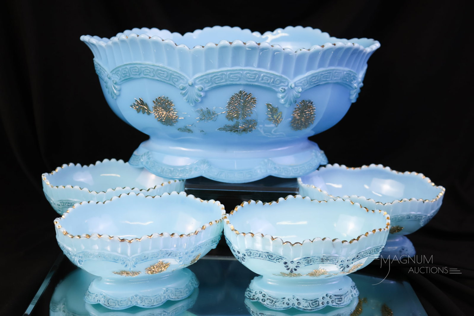 5 pc Victorian Northwood Blue Custard Glass Chrysanthemum Sprig Berry Set Uranium (1 of 6)