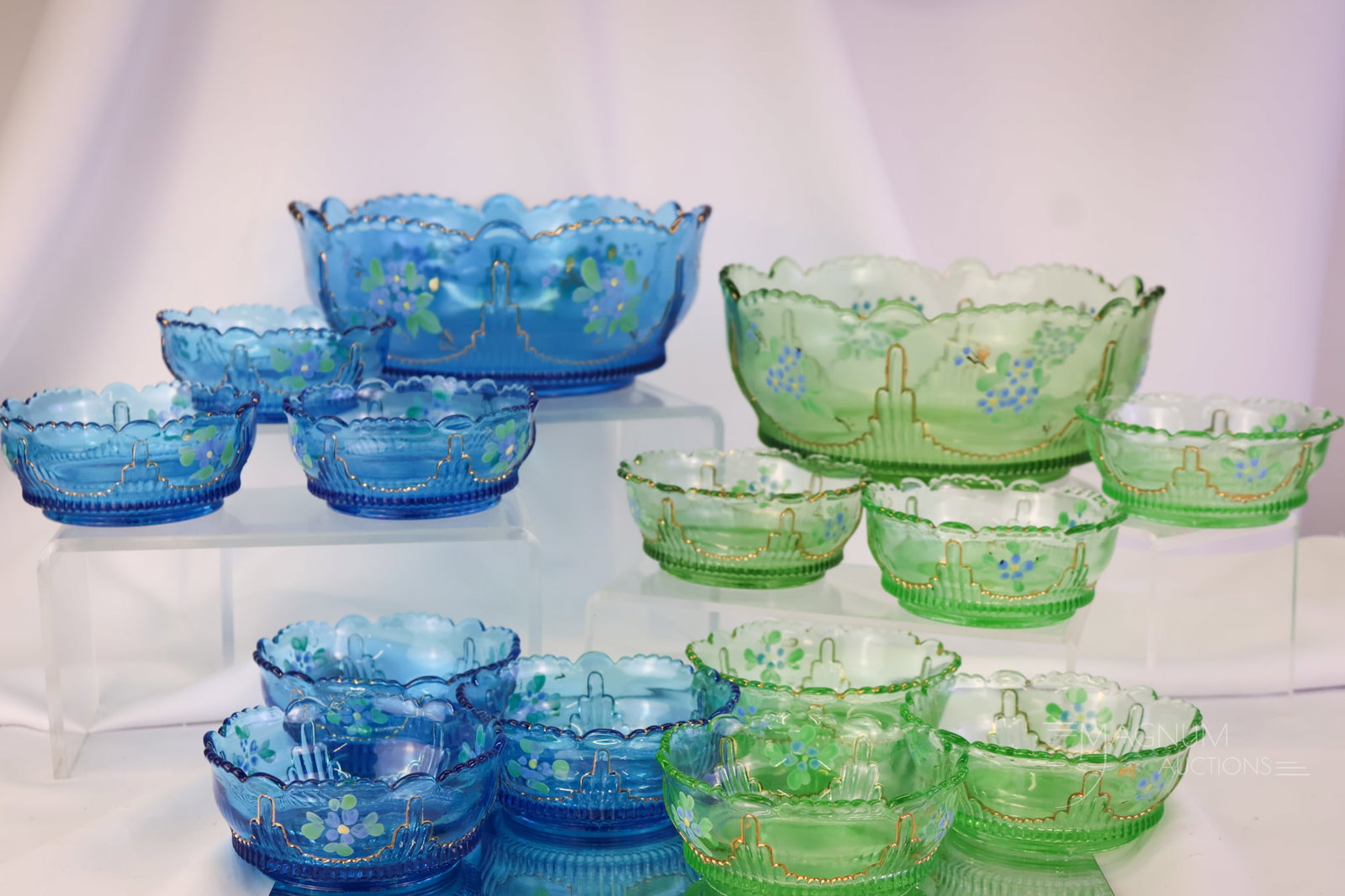 2 Set Lot Jefferson Glass Ribbed Drape Victorian Berry Sets Blue & Green (1 of 11)