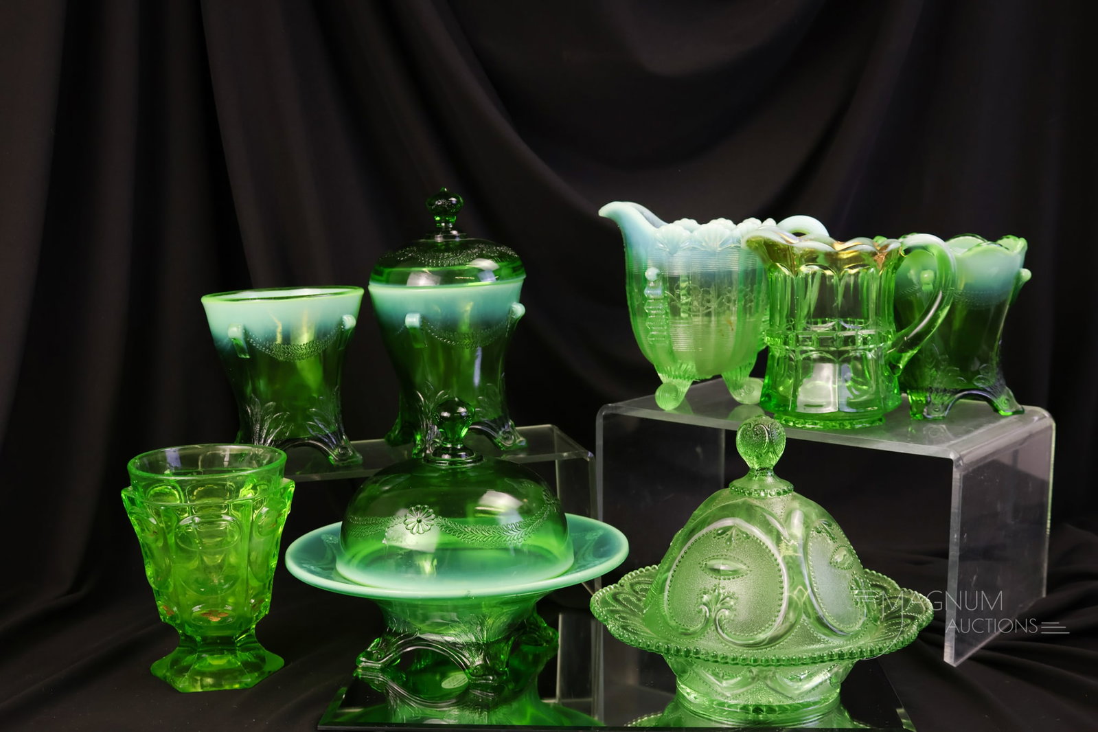 8 pc Lot Jefferson Northwood Dugan Victorian Glass Uranium & More: Eight divine finds for your bidding pleasure. This lot includes pieces by notable makers such as Northwood, Dugan, and Jefferson. Various forms and patterns to delight. There's some uranium in this lo