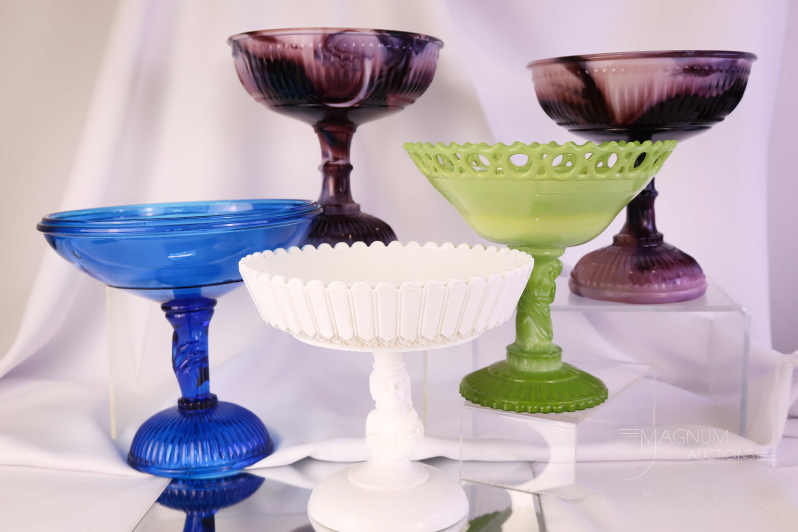5 pc Lot Victorian EAPG Compotes Atterbury Challinor Nile Green & Slag Glass (1 of 18)