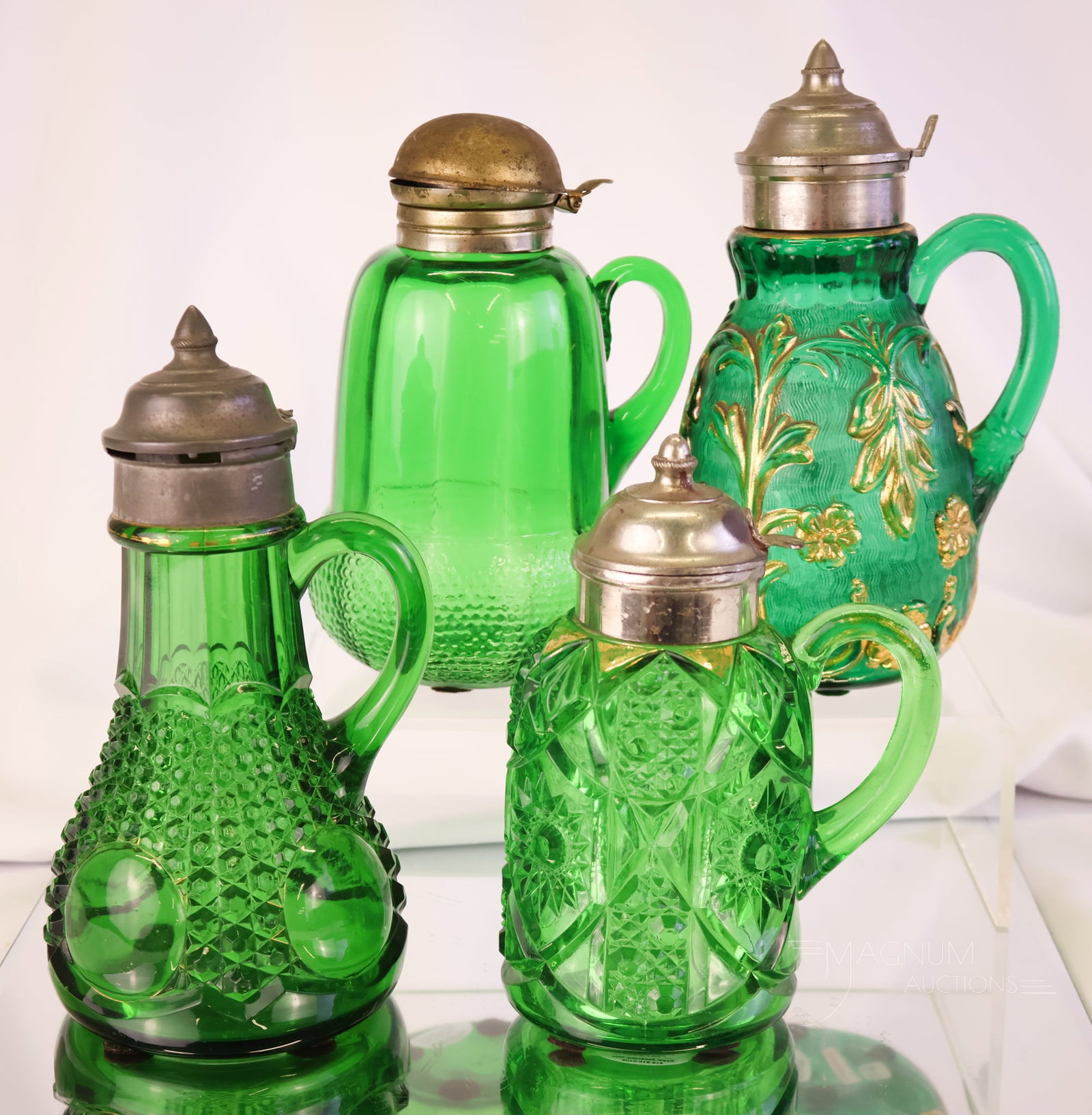 4 pc Lot Victorian Scarce EAPG Green Syrup Pitchers (1 of 8)