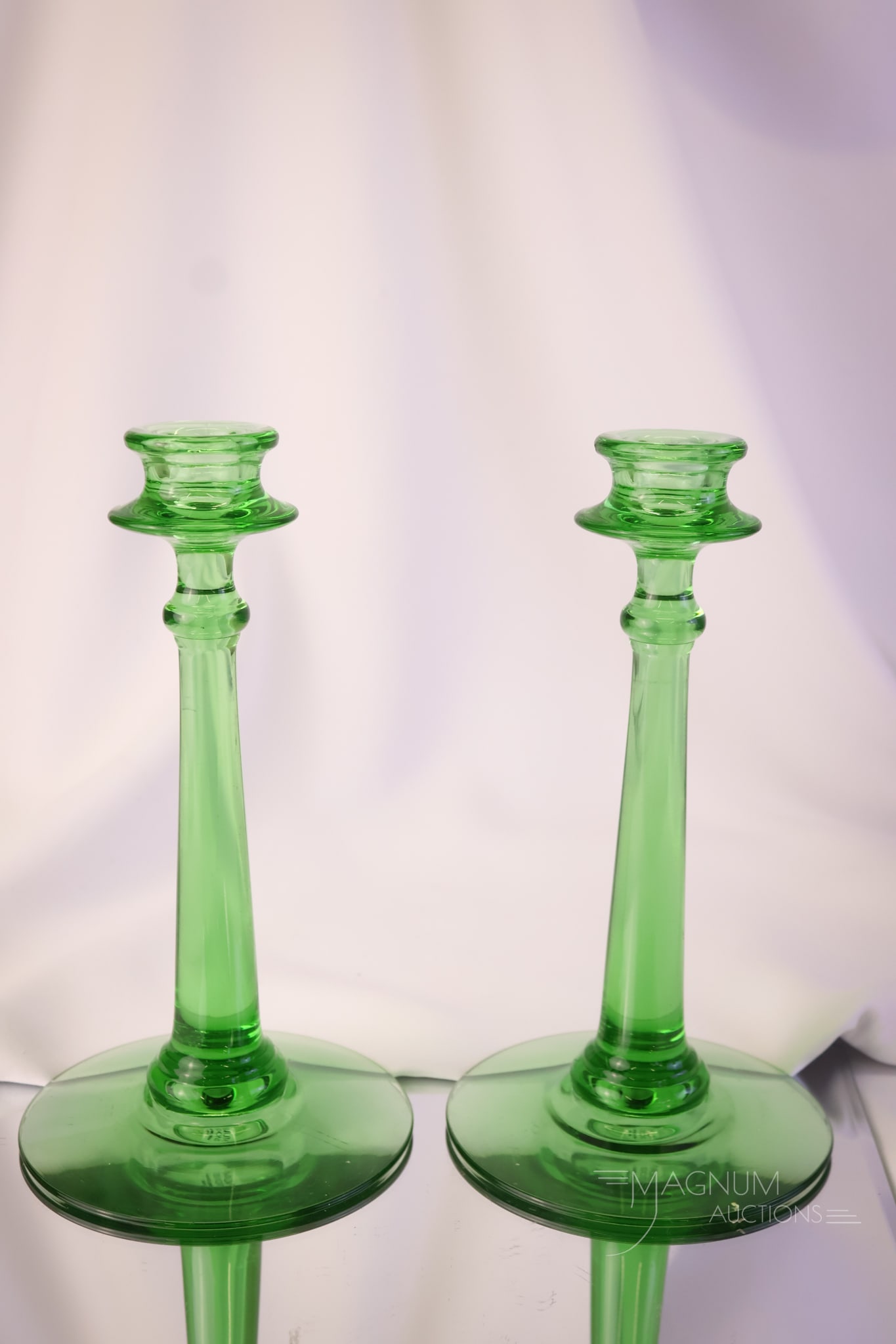 Pair Uranium Fostoria Glass Glowy Candlesticks (1 of 5)