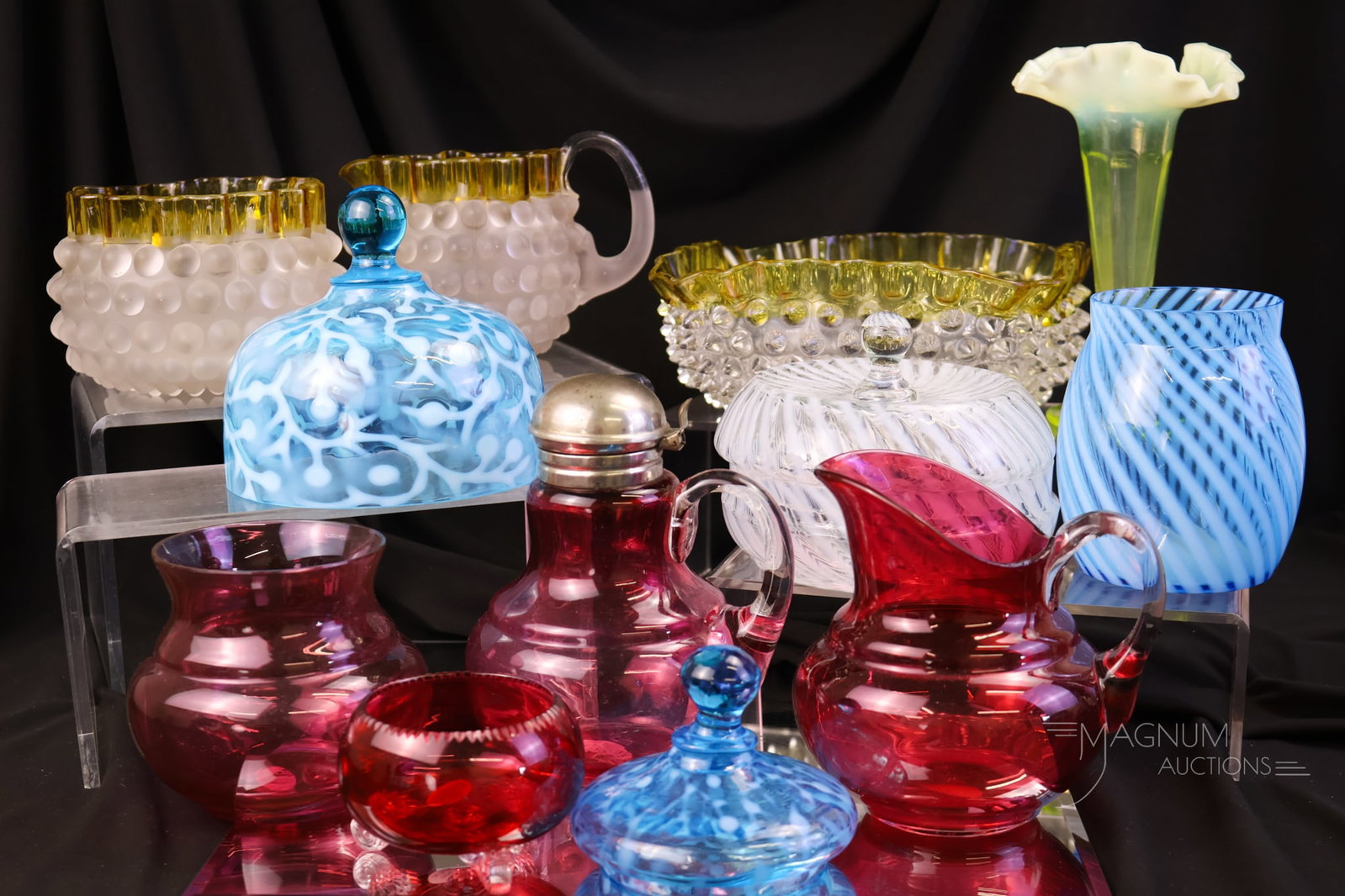 12 pc Lot Hobbs Victorian Glass Extravaganza: A generous find in Hobbs Victorian glass. This lot offers twelve exciting examples of desirable finds that you've always wanted and more. There's a piece of uranium-rich vaseline glass in this lot for