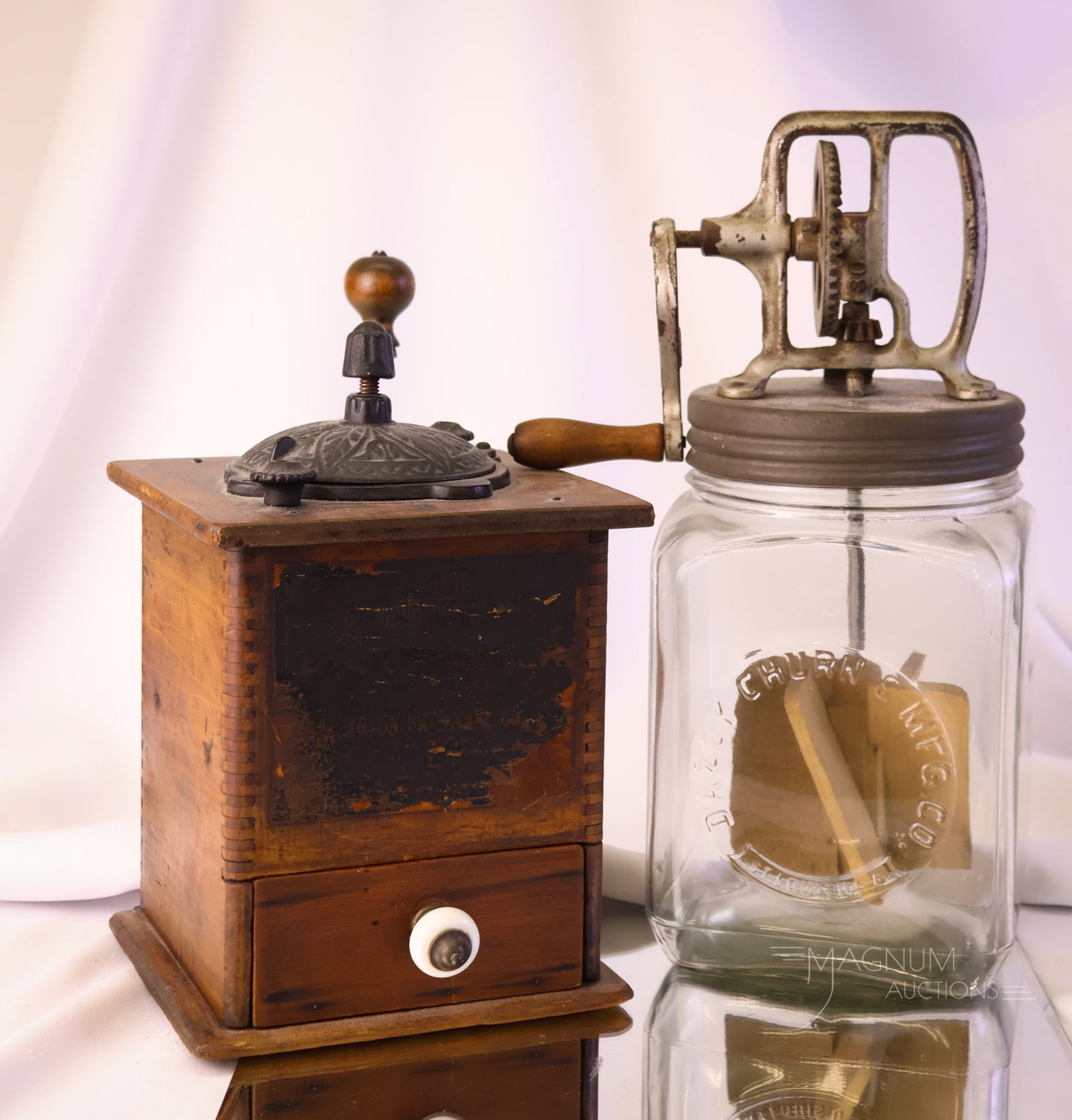 2 pc Lot Primitives Wooden & Iron Coffee Mill and #30 Dazey Butter Churn (1 of 12)