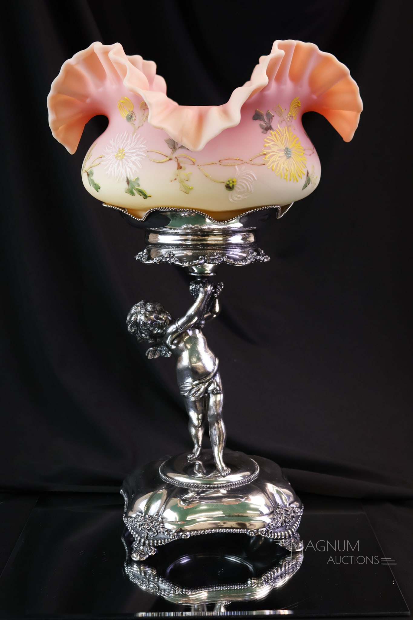 Webster Silverplate Mt. Washington Glass Burmese Decorated Uranium Brides Bowl Centerpiece (1 of 14)