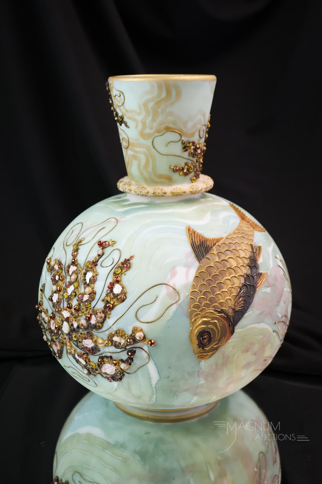 Mt. Washington Crown Milano "Under the Sea" Victorian Glass Vase: A masterpiece of Mt. Washington Crown Milano glass. This is a large vase in their Crown Milano line with an "Under the Sea decoration. This decoration boasts cabochon-adorned starfish and heavy gilt f