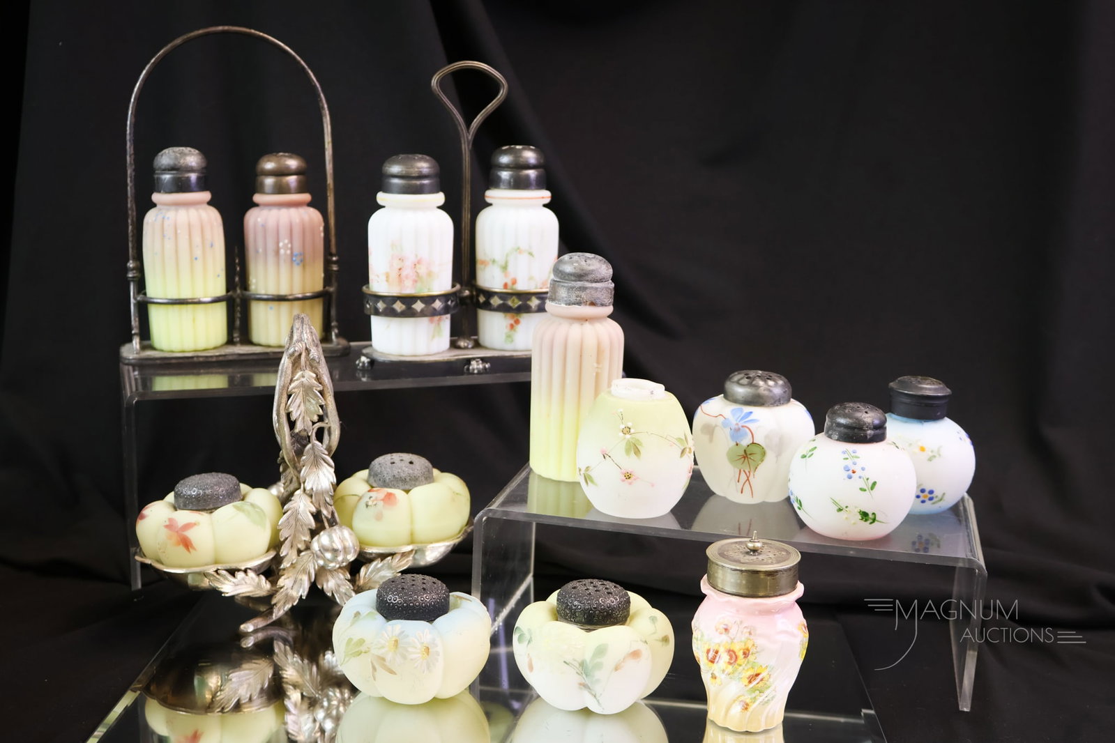 14 pc Lot Victorian Mt. Washington Glass Salt Shakers: This lot offers a little bit of heaven in Mt. Washington glass salt shakers. There are three pairs in silverplate frame. The tallest measures 6 1/2".