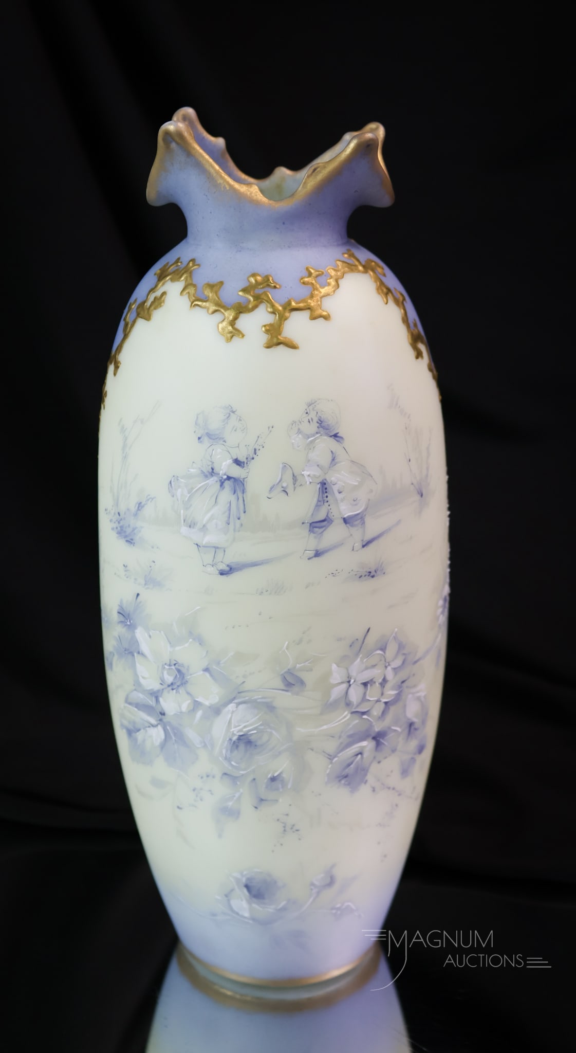 Mt. Washington Signed Crown Milano Delft Blue Roses Art Glass Vase (1 of 7)
