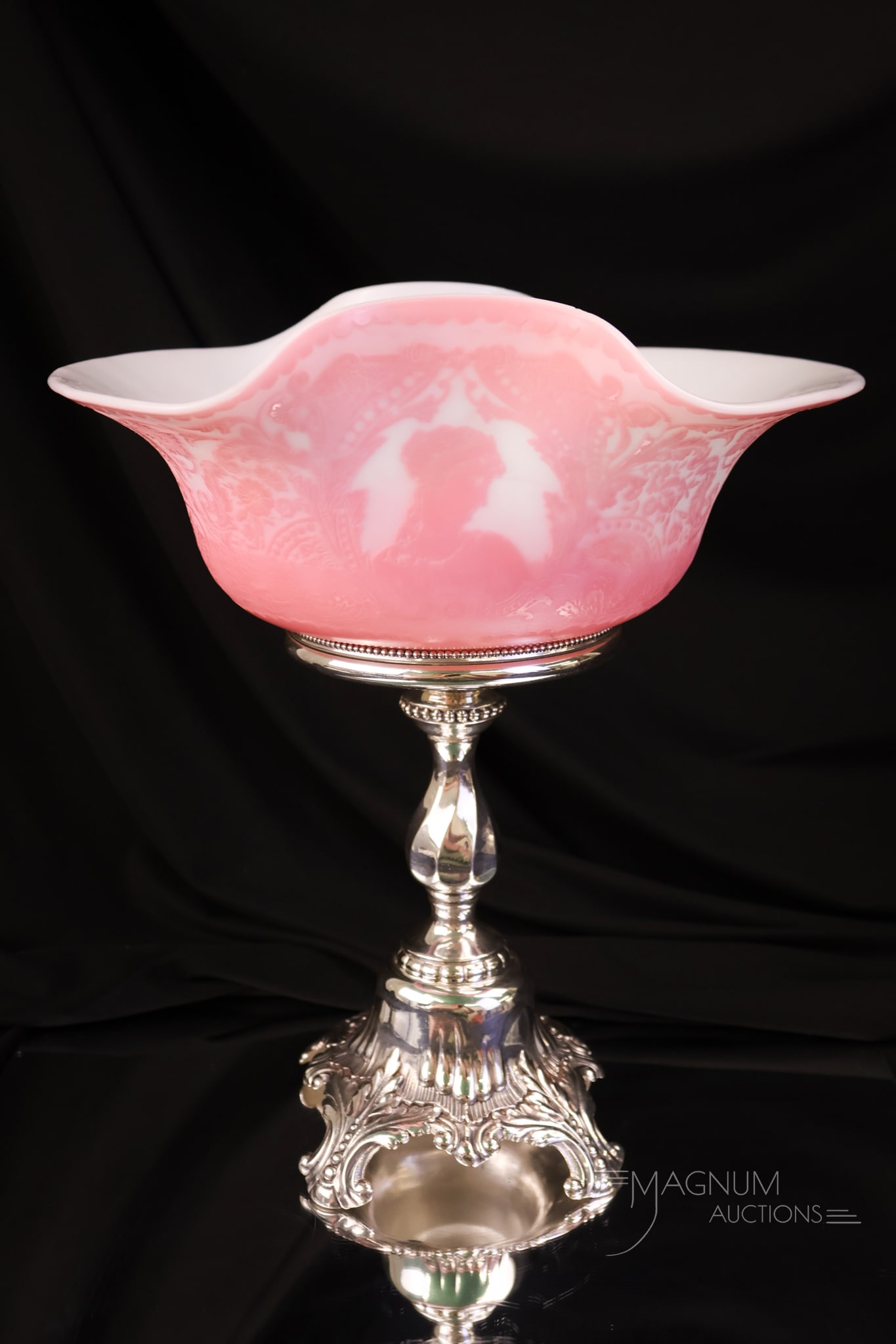 Mt. Washington Pairpoint Cameo Art Glass Brides Bowl Centerpiece: A beautiful find in Mt. Washington cameo glass and Pairpoint silverplate. This bride's bowl centerpiece features a cameo of a woman and in a soft pink color. The piece measures 11 3/4" tall and 10" wi