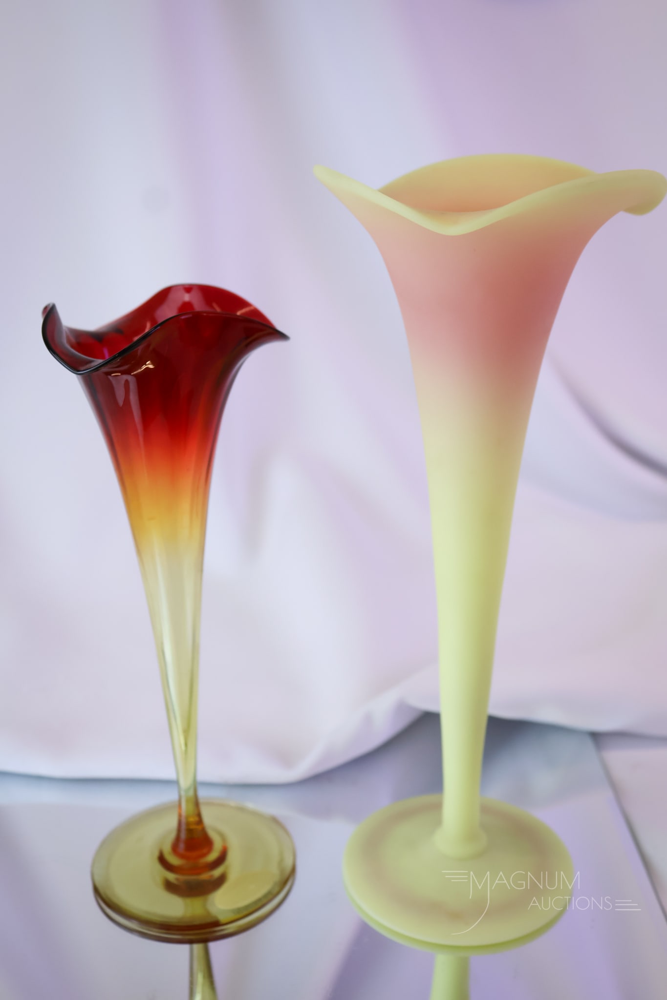 2 pc Lot Mt. Washington Victorian Glass Lily Vases Burmese & Amberina (1 of 9)