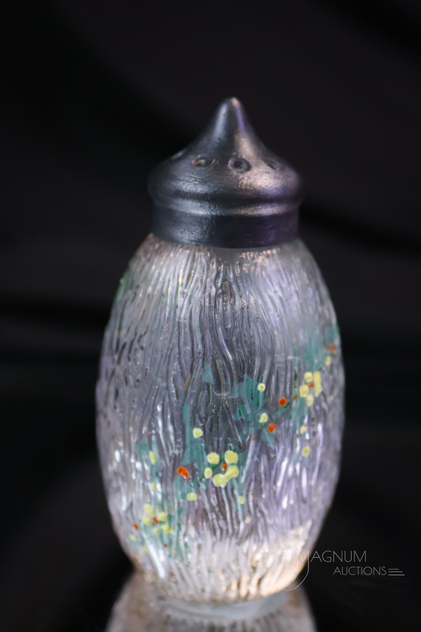 Mt. Washington Royal Flemish Bark Texture Victorian Salt Shaker: A very rare find in a Victorian Mt. Washington bark-textured salt shaker. This one is in a rare clear with yellow florals. The shaker measures 3 1/4" tall.