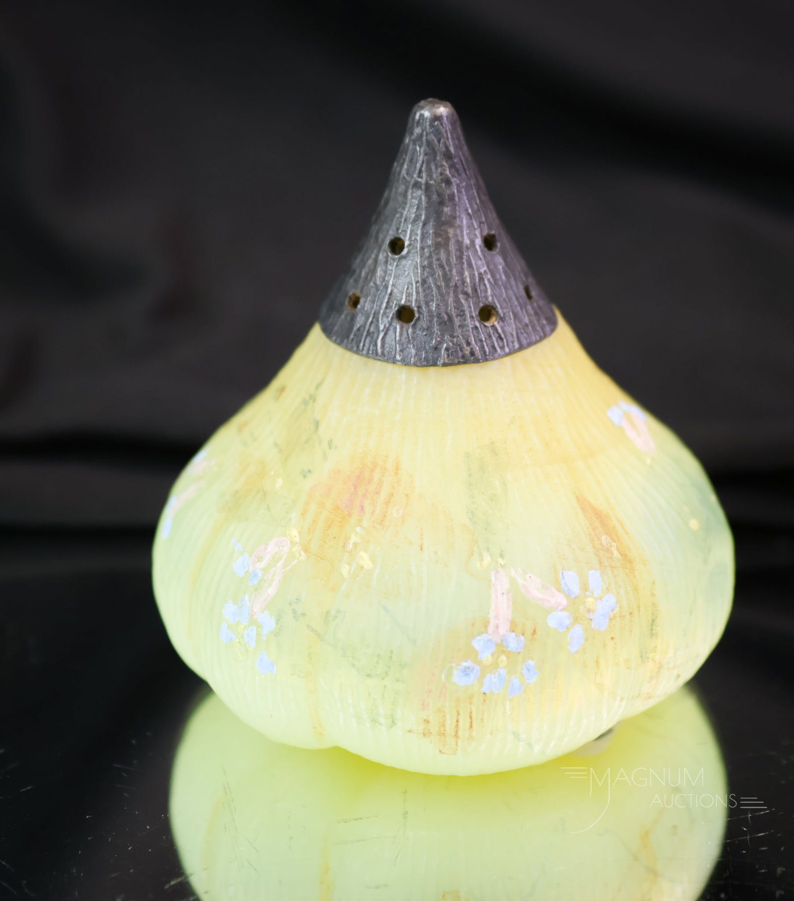 Rare Vaseline Uranium Opalescent Mt. Washington Fig Victorian Glass Salt Shaker: A rare find in a Mt. Washington Glass Victorian salt shaker. This shaker is made of uranium-rich vaseline opalescent glass. It is decorated with blue flowers. The shaker measures 2 1/2" tall.
