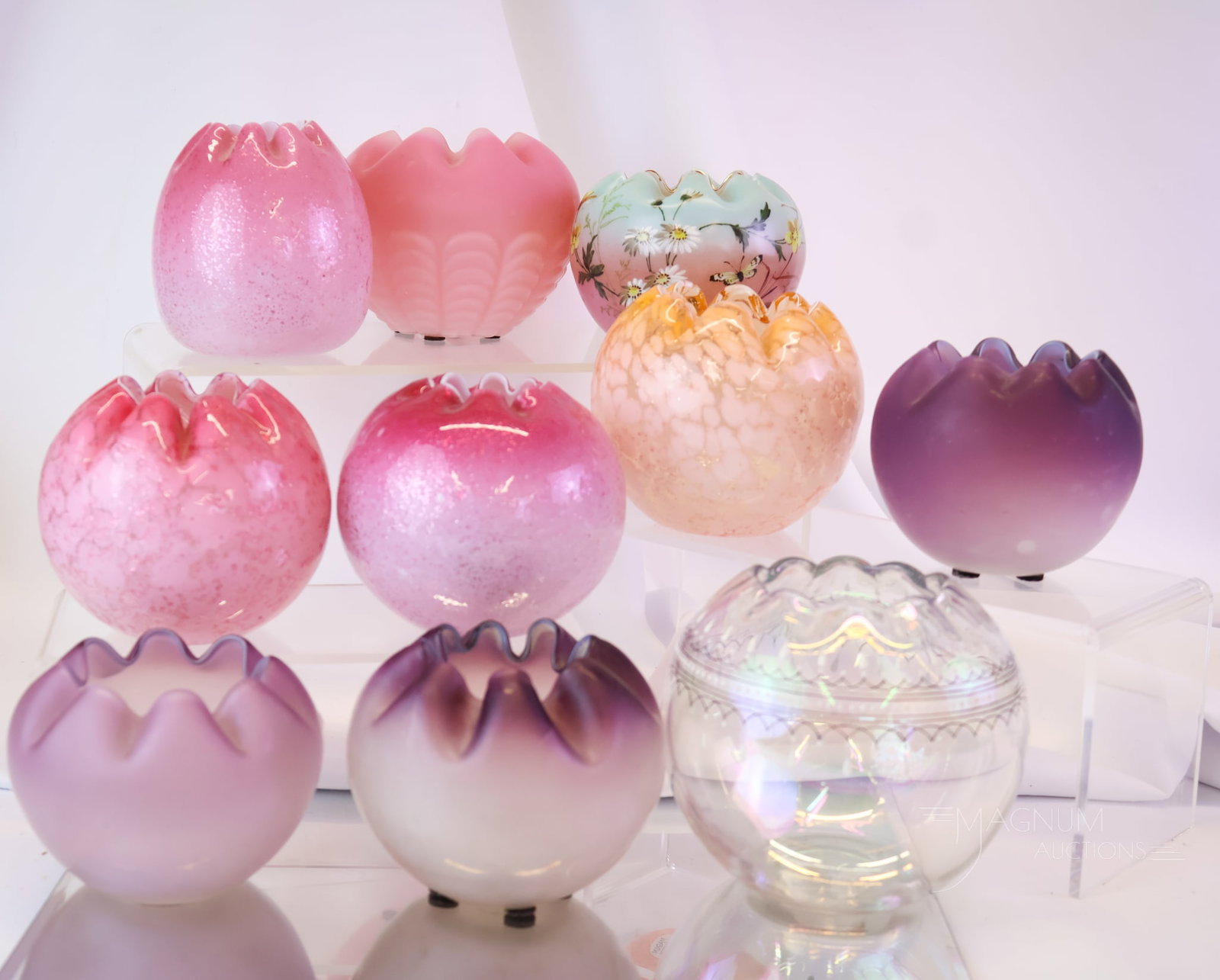 10 pc Lot Victorian Glass Rose Bowls Decorated Spangle Iridescent & More: A generous offering of ten art glass rose bowls in various colors and decorations. This lot offers examples in satin, opaque, decorated, and iridescent enameled. Something for everyone in this lot. Th