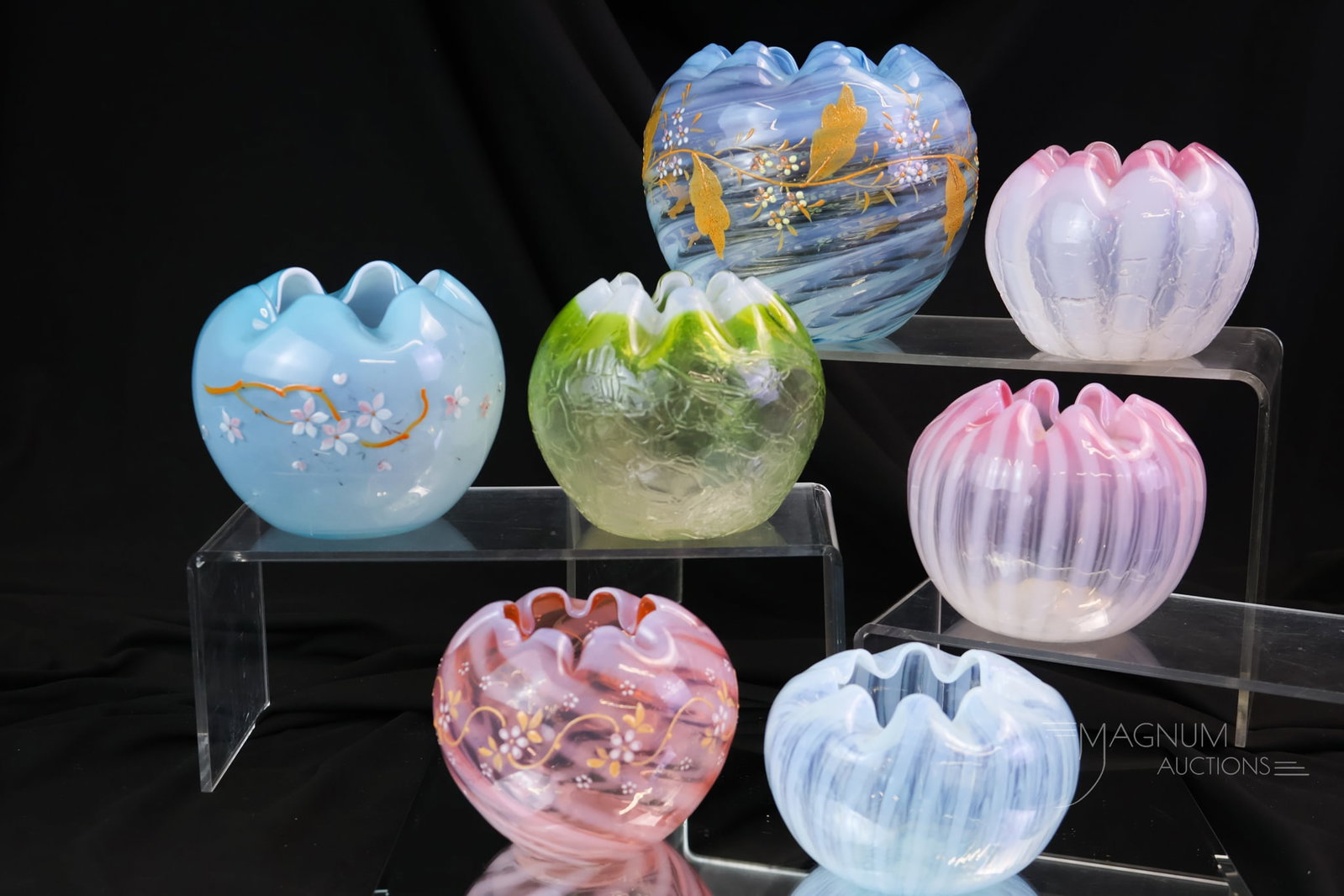 7 pc Lot Victorian Opalescent Enameled & More Glass Rose Bowls: Seven unique finds in Victorian opalescent glass rose bowls. Three are enameled. The largest measures 4 1/2".
