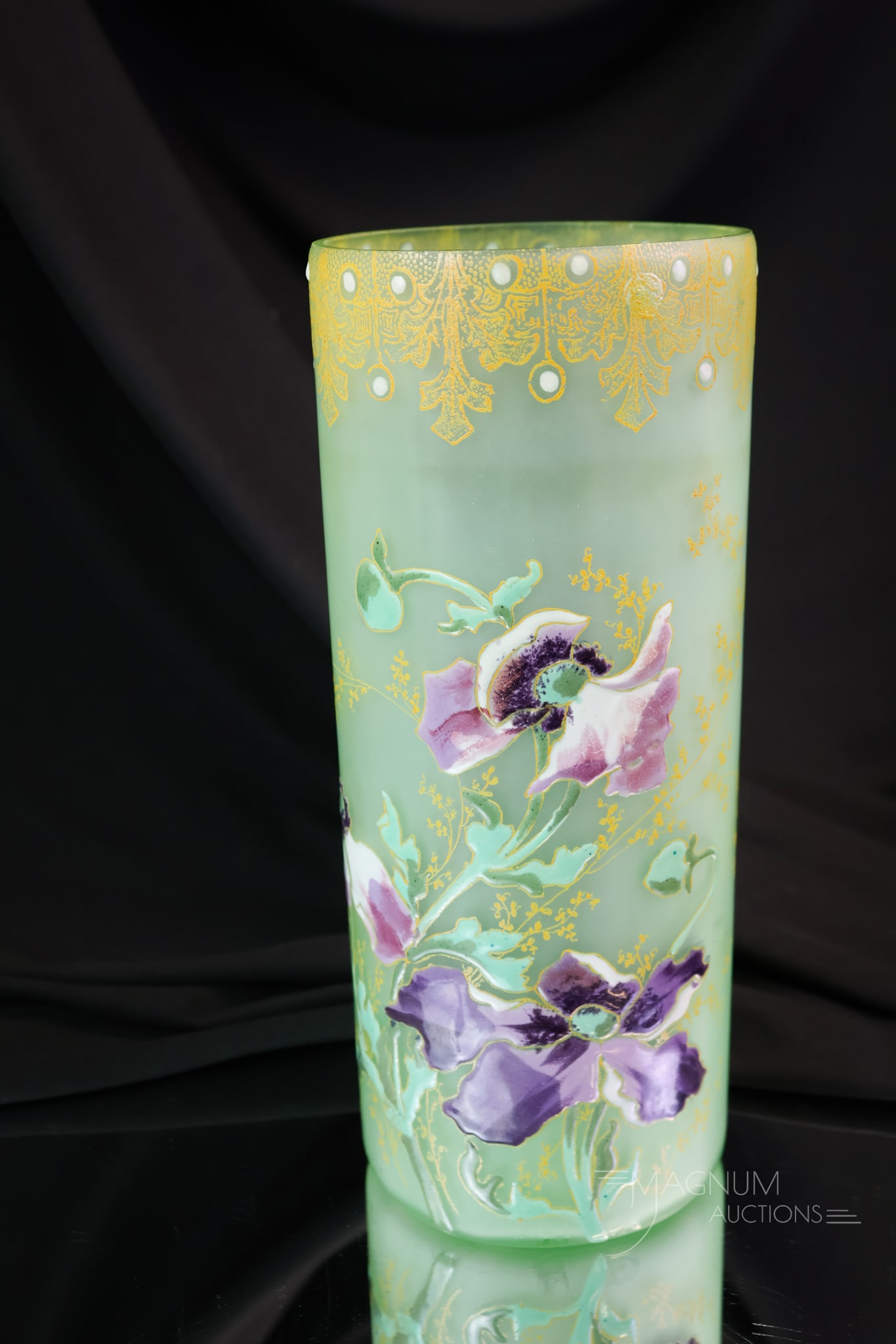 Legras Mt. Joye Enameled Glass French Victorian Art Glass Vase: A fine attributed to Legras or Mt. Joye French Victorian enamelled art glass vase. This vase is in a light green glass with purple enamelled poppy flowers. It measures 9 1/2" tall.