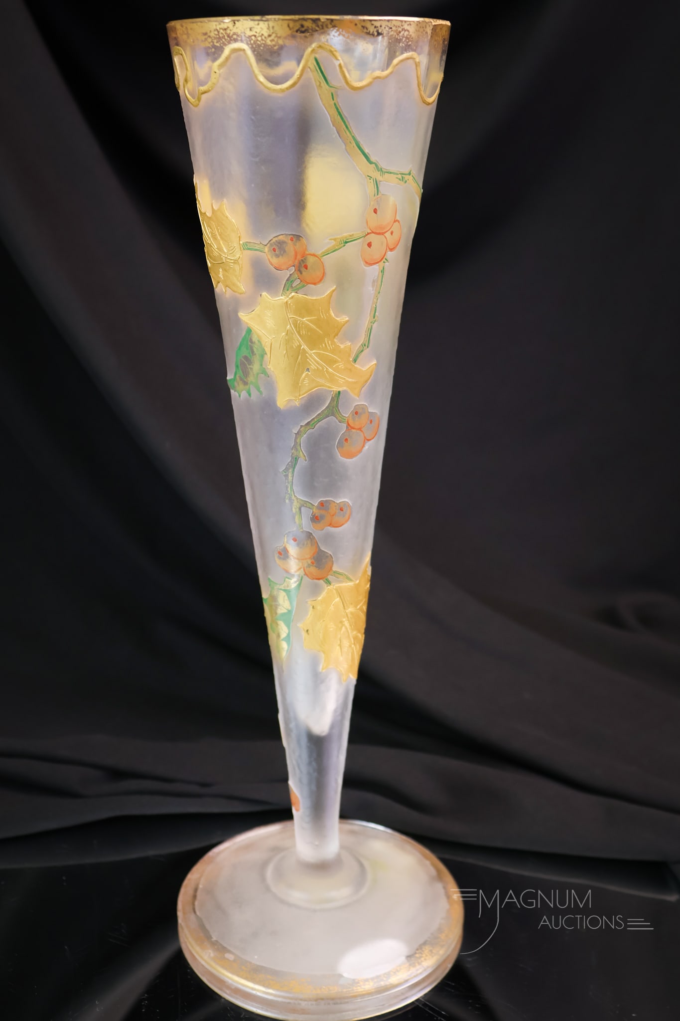 Legras Mt. Joye Cameo Glass Enamelled Art Glass Holly 12" Vase: A wonderful art glass enamelled vase attributed to Mt. Joye or Legras. This vase measures 12" tall and has a decoration of holly foliage and berries in cameo cutting and further enhanced with enamelin