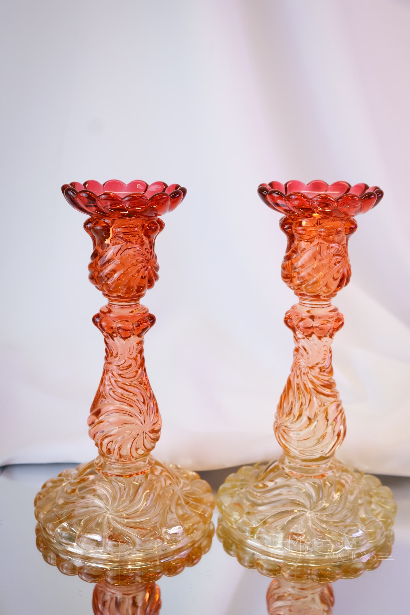 Pair Baccarat Rose Tiente Swirl French Art Glass Candlesticks (1 of 7)