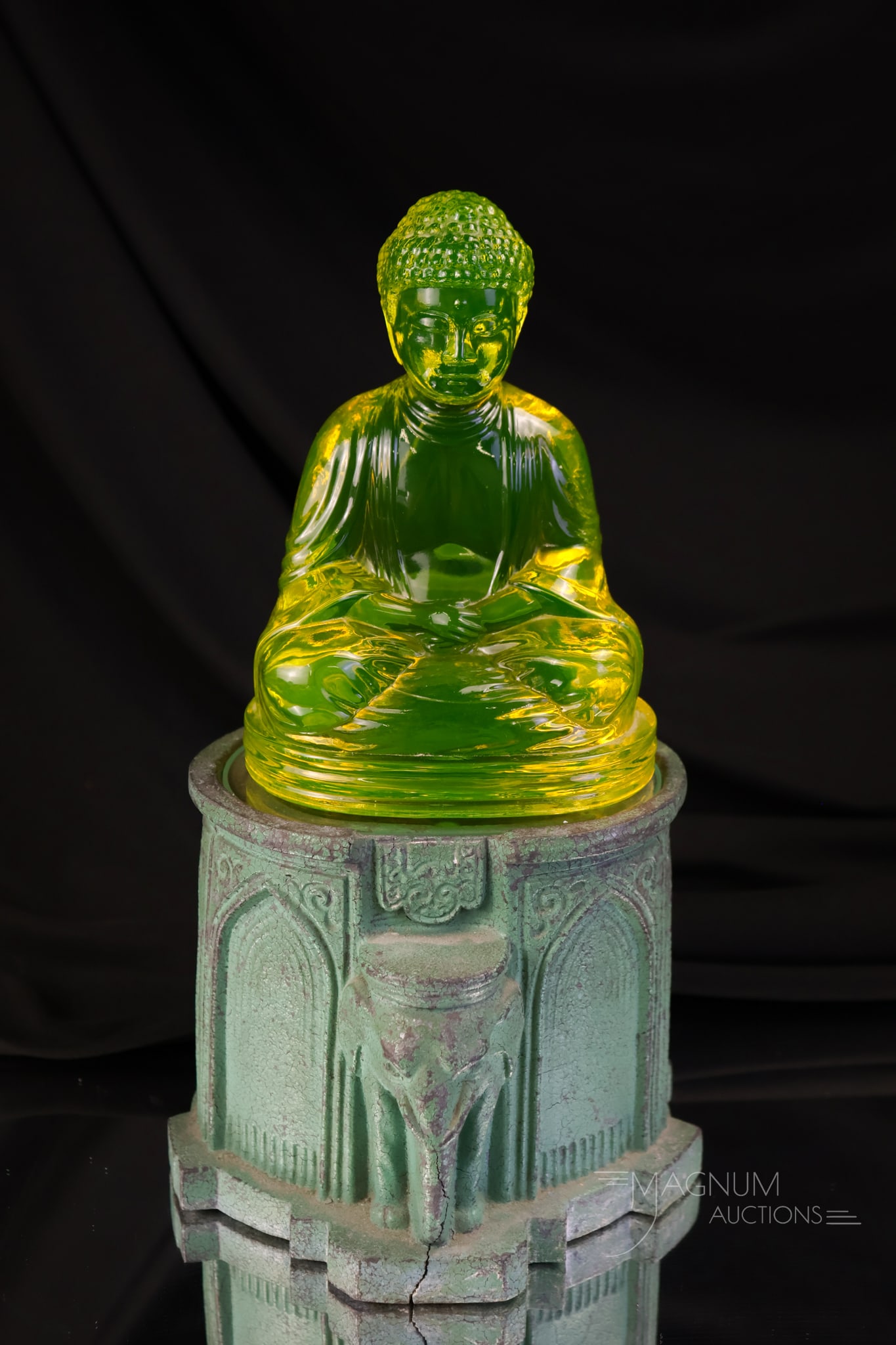 Rare Gillinder Vaseline Uranium 1930 Mackay Glass Buddha Lamp (1 of 12)
