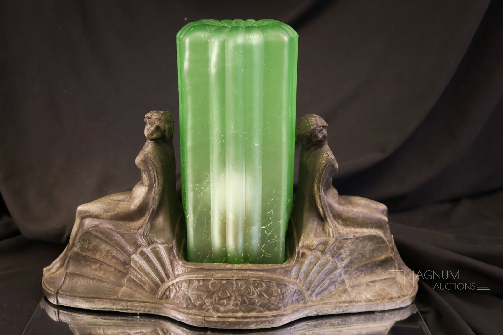 Art Deco Skyscraper Nudes Uranium Green Satin Accent Lamp (1 of 10)