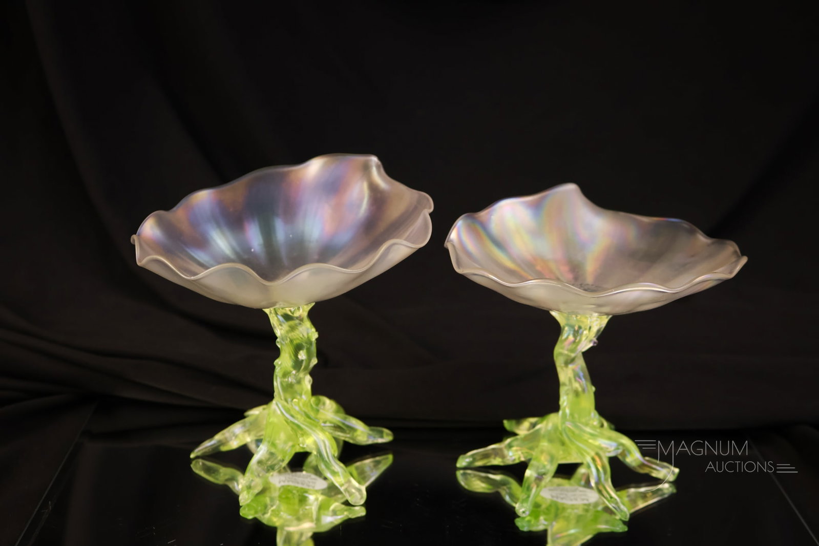 Pair of Walsh Vaseline Uranium Opalescent Victorian Glass Twisted Stem Compotes (1 of 5)