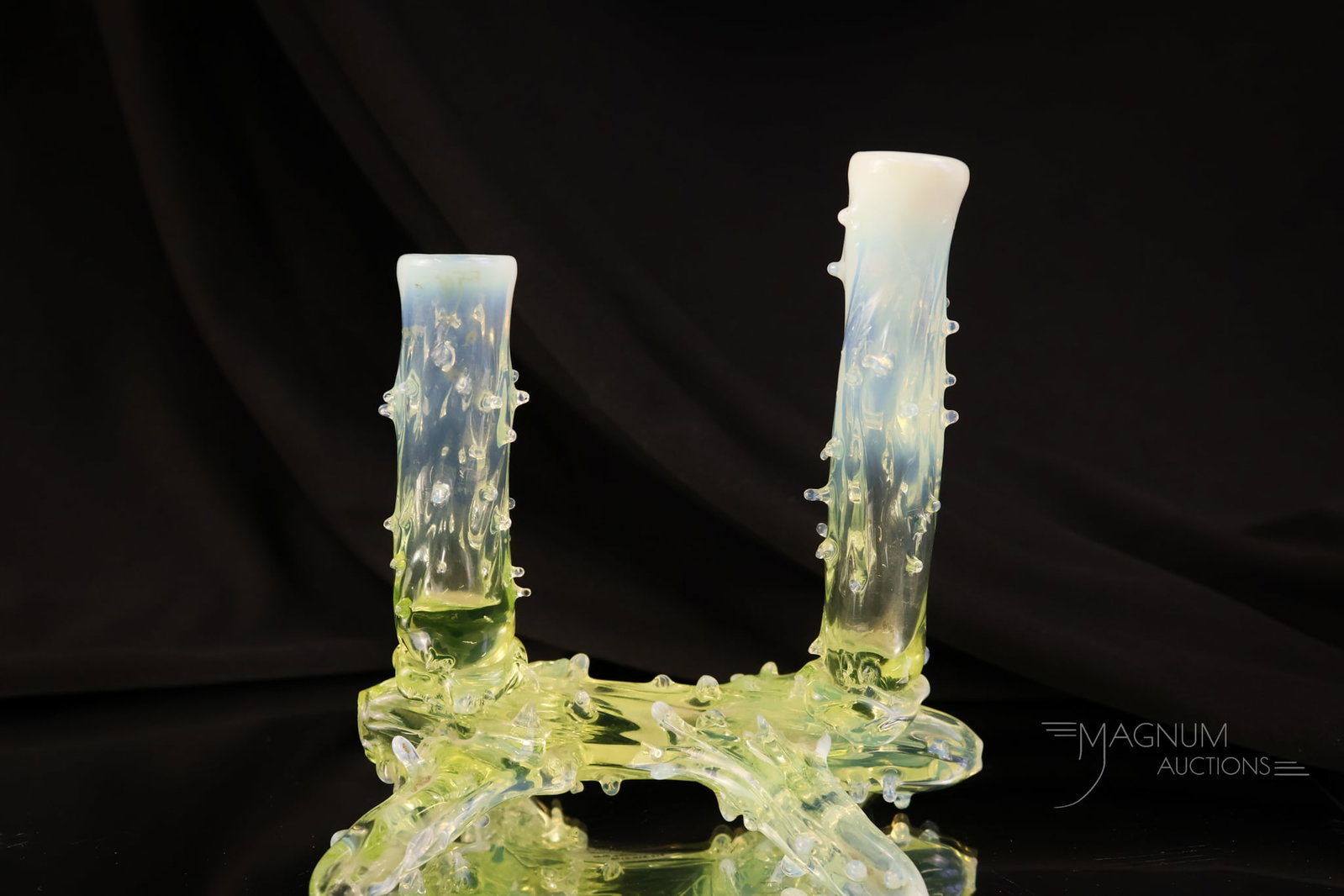 Walsh Vaseline Opalescent Uranium Victorian Glass Thorn Art Glass Vase: A beautiful and rare find attributed to Walsh in vaseline opalescent uranium-rich art glass. This is a figural art glass pair of vases on a four-footed log base. The piece measures 5" tall and 5" wide