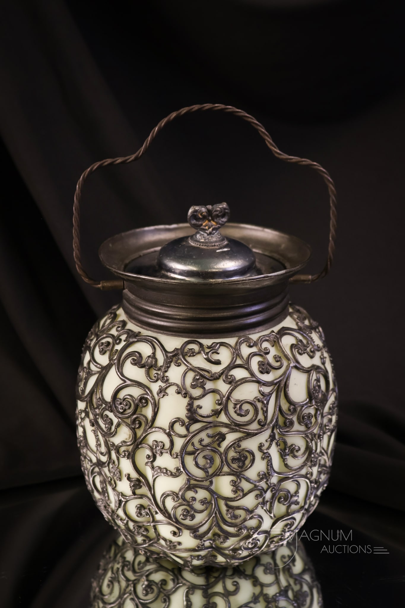 Victorian Metal Filigree Uranium Glass Biscuit Jar (1 of 7)