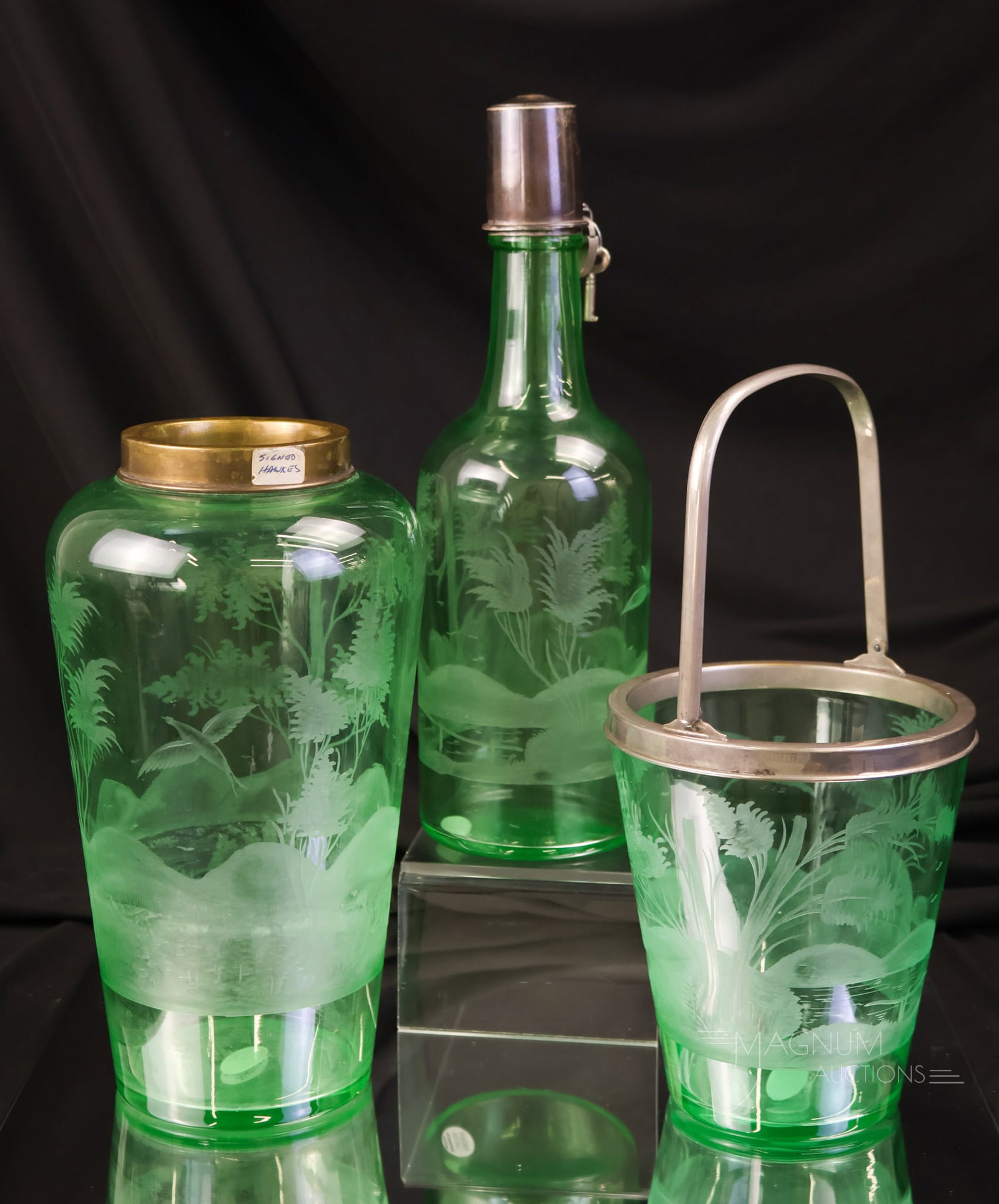 3 pc Lot Uranium Signed Hawkes Green Engraved Glass Bar Cocktail Art Deco Collectibles: A three-piece matching set of signed Hawkes uranium-rich bar cocktail Art Deco collectibles in glass. Each of the three pieces is engraved with a pheasant hunt decoration. The glass is uranium-rich gr