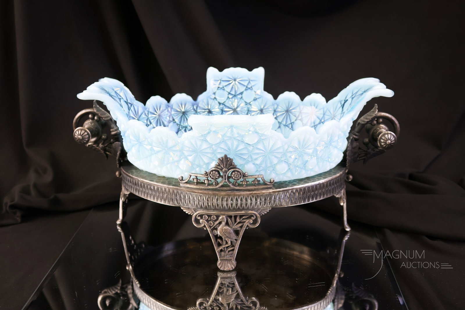 Tufts Silverplate Hobbs Blue Opalescent Daisy & Button King's Crown Centerpiece Bowl: A rare find in Hobbs Victorian opalescent glass and Tufts silverplate. This is a blue opalescent Daisy & Button King's Crown pattern bowl set in a signed Tufts silverplate holder. Lovely! The piece me