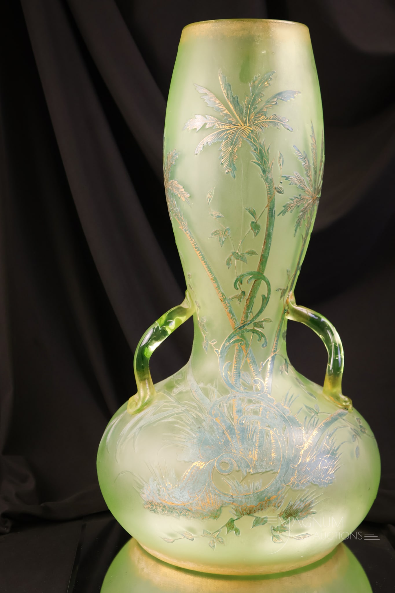 Monumental 19" Vaseline Uranium Cameo Cut Enamelled Art Glass French Bohemian Vase (1 of 13)