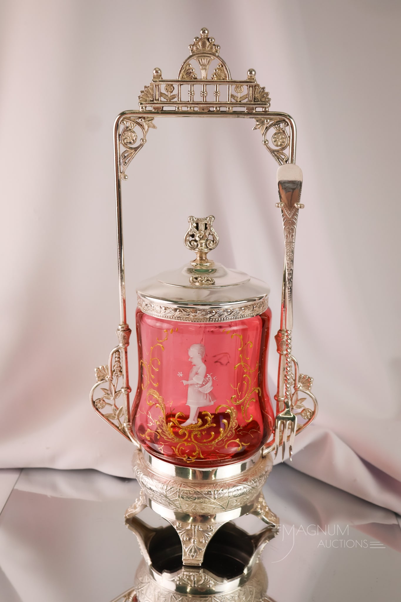 Derby Victorian Silverplate Cranberry Enamelled Mary Gregory Glass Pickle Castor (1 of 8)
