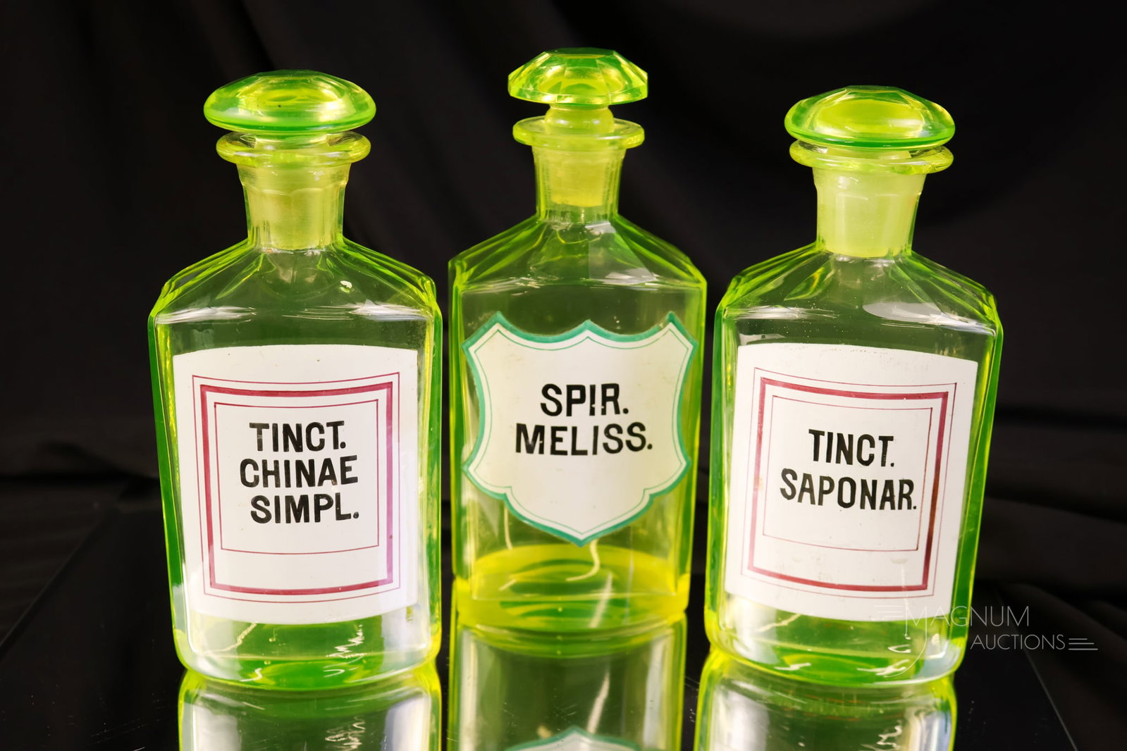 3 pc Lot Antique Vaseline Uranium Enamelled Glass Apothecary Bottles (1 of 9)