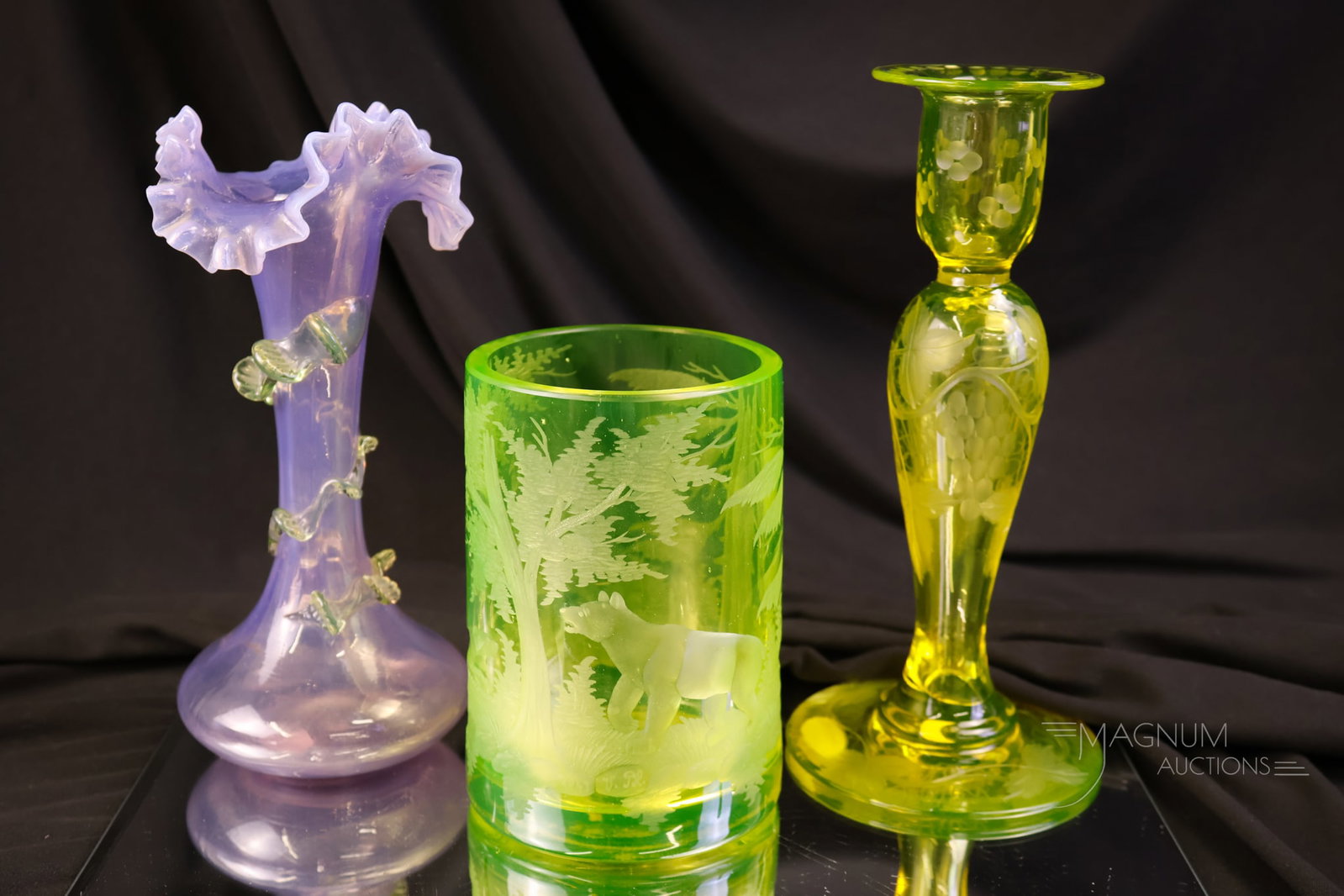 3 pc Lot Antique Vaseline Glass Engraved & More (1 of 14)