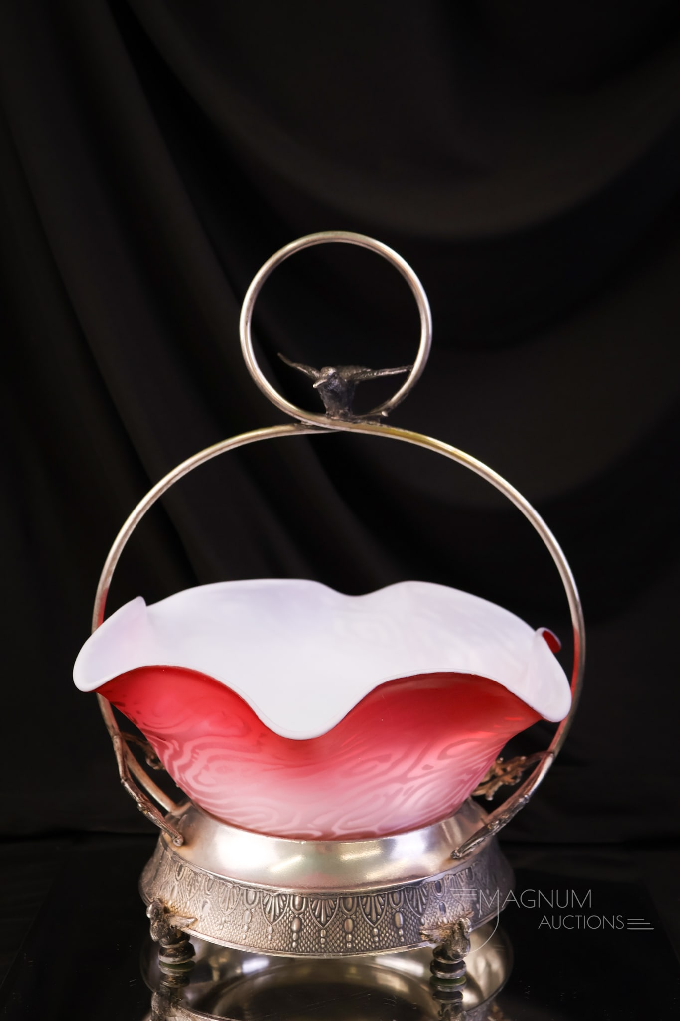 Reed & Barton Silverplate Mother of Pearl Moire Satin Glass Victorian Brides Bowl Centerpiece: A wonderful find in an ornate Victorian bride's bowl centerpiece. This piece features a pink moir?-pattern satin mother-of-pearl glass bowl in a signed Reed & Barton holder. The piece measures 13" tal
