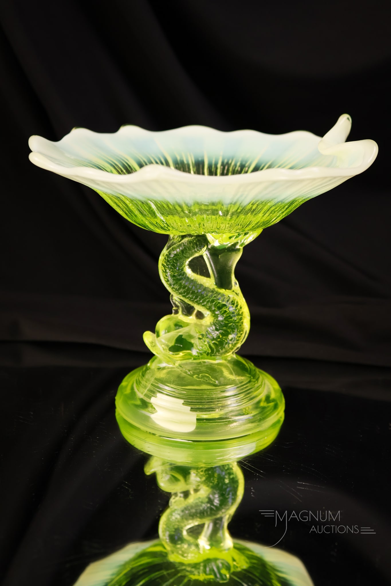 Vaseline Uranium Opalescent Glass Petticoat Dolphin Compote (1 of 6)