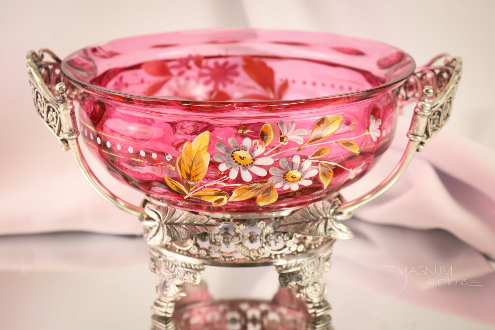 Rare Apartment-Sized Miniature Victorian Cranberry Aurora Silverplate Brides Bowl (1 of 8)