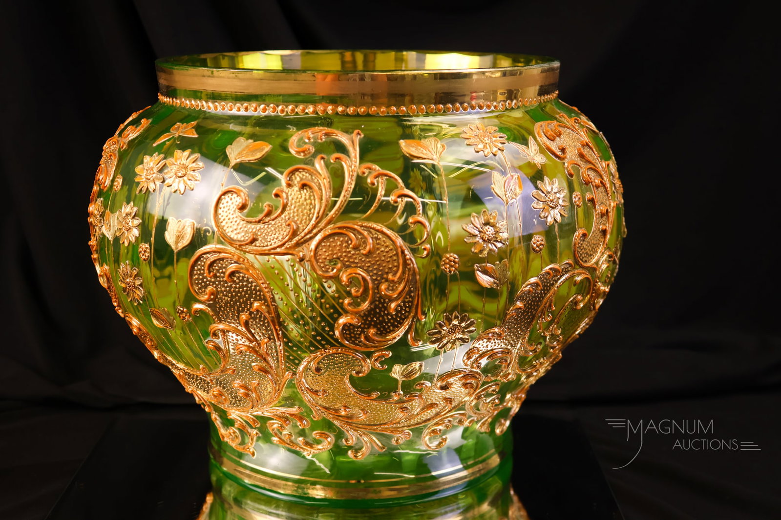 Rare Moser Heavy Gilt Vaseline Uranium Glass Jardinere (1 of 7)