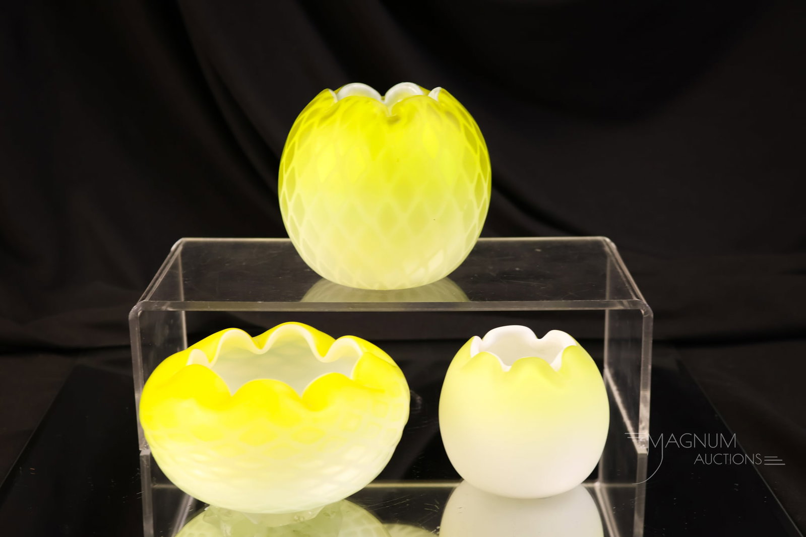 3 pc Lot Yellow Mother of Pearl Satin Glass Mother of Pearl Rose Bowls: Three selections in yellow Victorian rose bowls to entice you. There is a yellow satin. There are also two diamond quilted examples. One with an applied foot. The tallest measures 3". The rose bowl