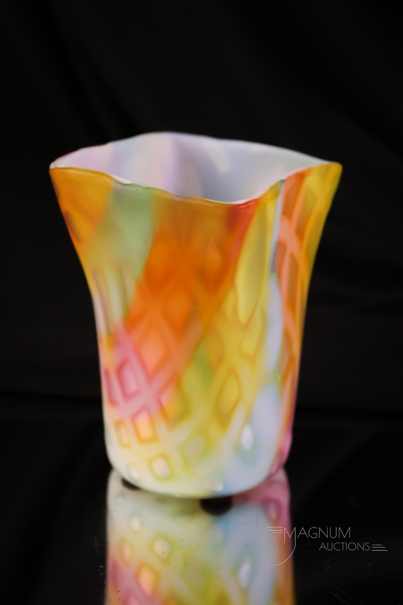 Very Rare Rainbow Mother of Pearl Satin Diamond Quilted Victorian Square Tumbler: A very rare find in rainbow Victorian mother of pearl diamond quilted satin glass. This is a square-mouthed tumbler. This piece has gorgeous coloring around the body. It doesn't get much better than