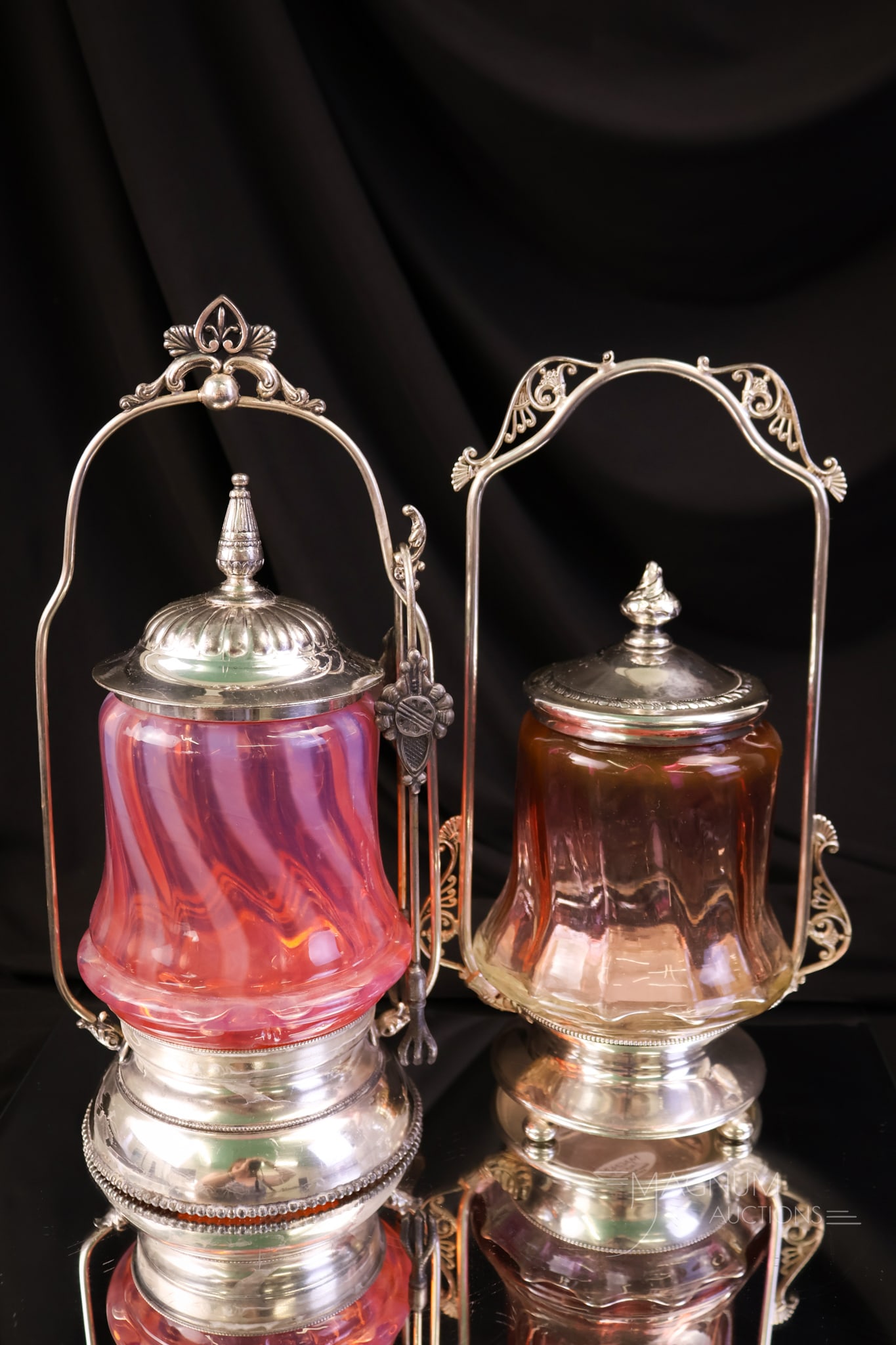 2 pc Lot Victorian Silverplate Pink Cranberry Glass Pickle Castors (1 of 15)