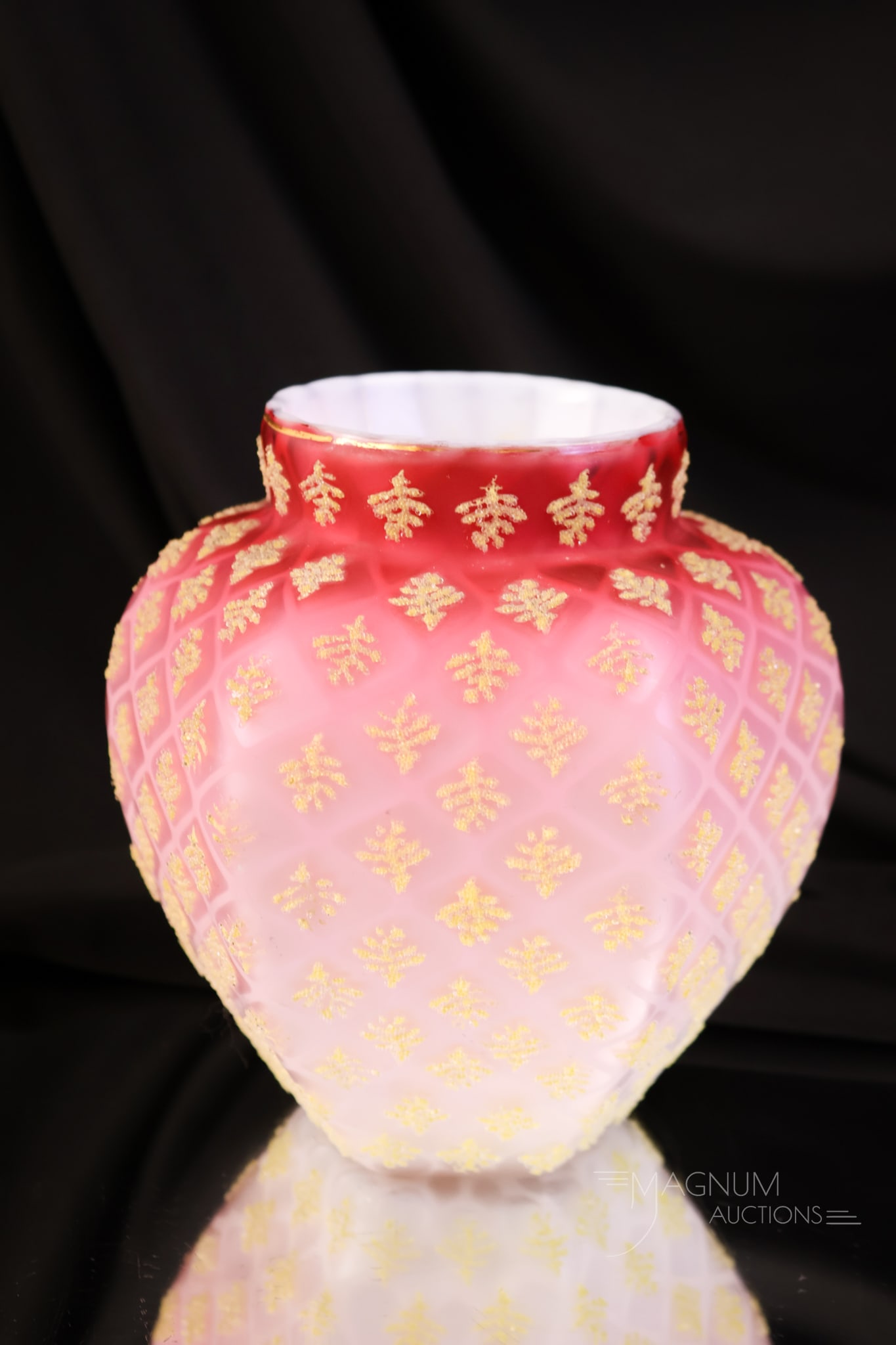 Rare Hexagonal Diamond Quilt Mother of Pearl Coralene Victorian Glass Vase (1 of 6)