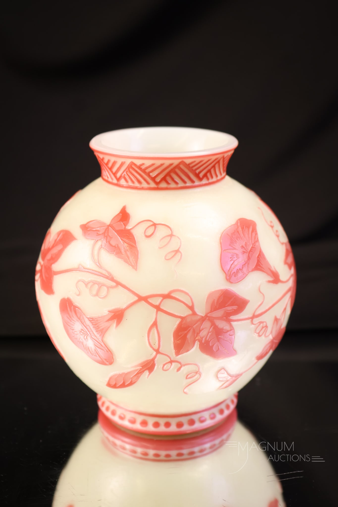 Stevens & Williams English Cameo Rose Du Barry Victorian Uranium Glass Rose Bowl: A beautiful and striking piece attributed to Stevens and Williams. This English cameo vase is decorated with morning glory flowers. It glows brightly with its uranium content. The vase measures 4 1/2"