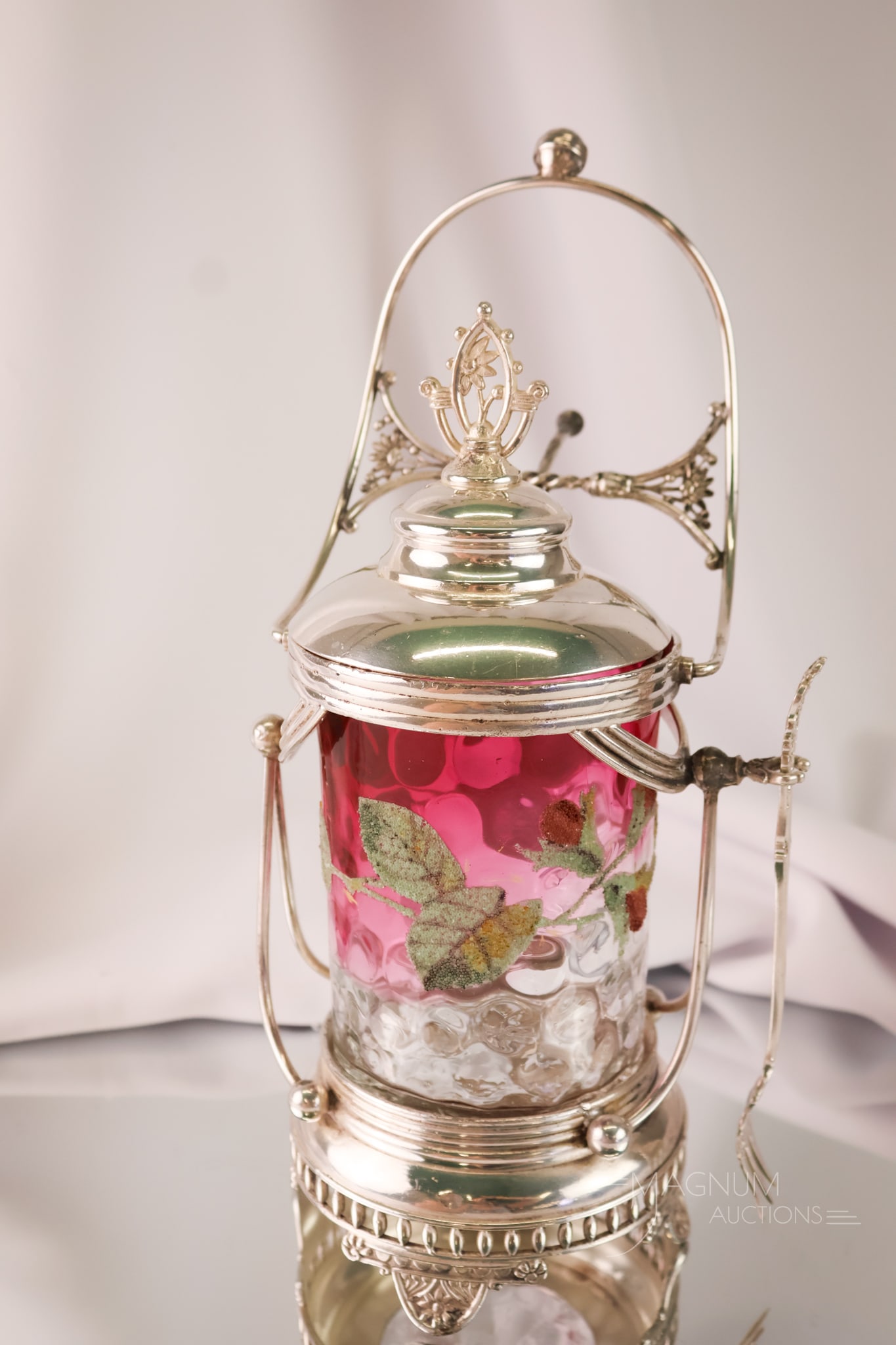B.F. Myers Silverplate Coralene Rubina Victorian Glass Mechanical Pickle Castor (1 of 10)