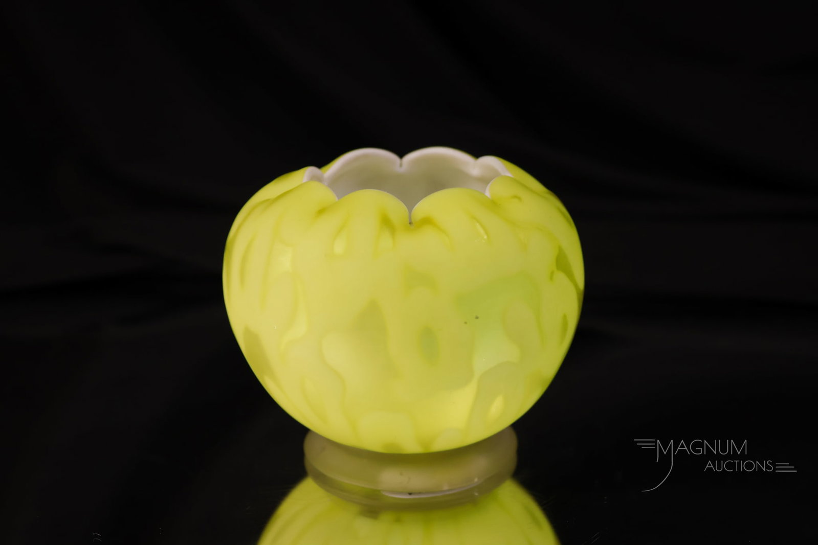 Victorian Flower & Acorn Footed Mother of Pearl satin Glass Rose Bowl Vase: A Victorian Glower & Acorn pattern mother-of-pearl satin glass rose bowl with an applied foot. Seldom do you see this piece. This one is in a lovely lemon yellow. The rose bowl measures 2 1/2" tall.
