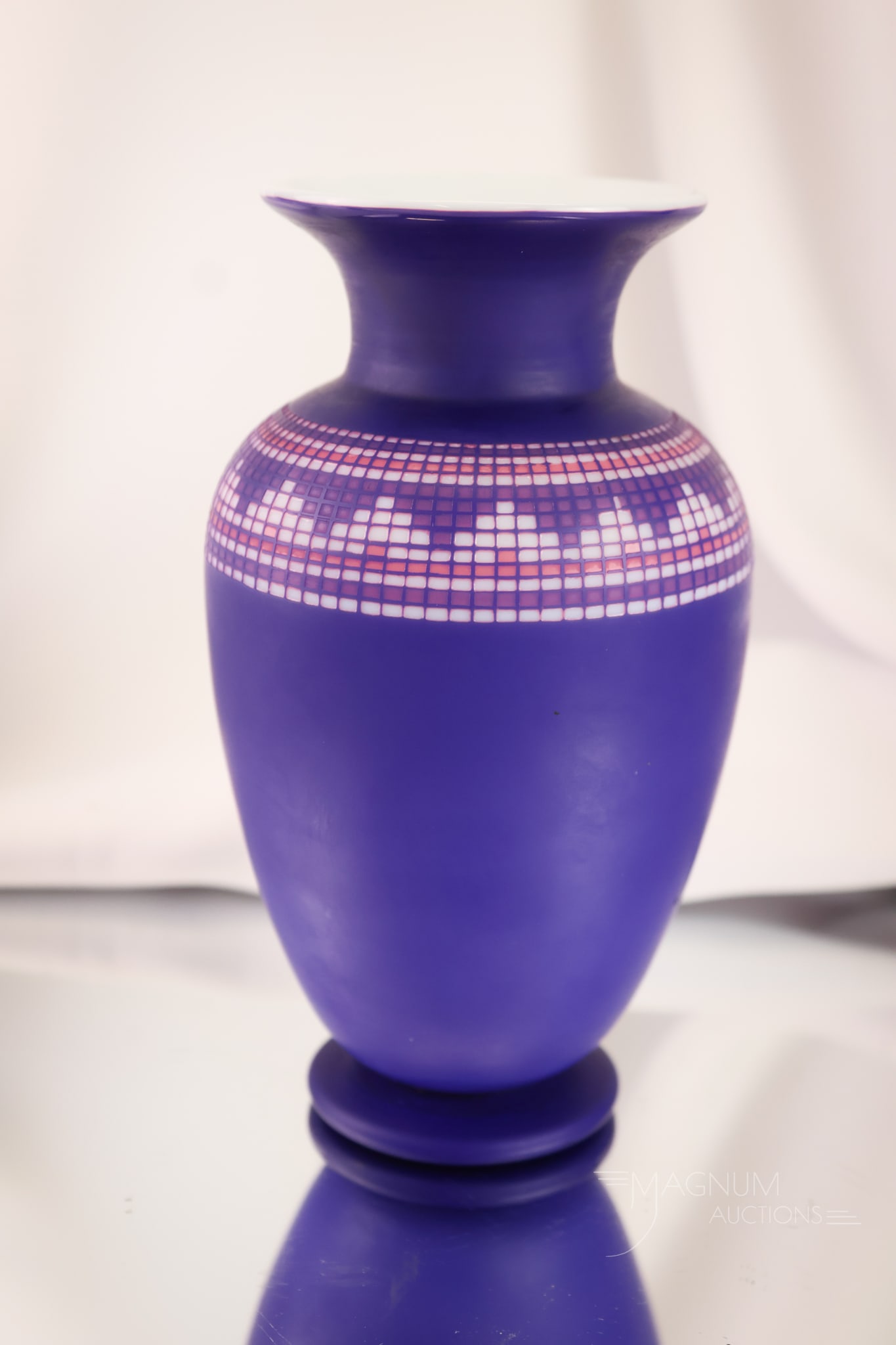 Stevens & Williams Geometric Cameo Uranium Cased Glass Cobalt Vase: A beautiful and most unusual geometric incised cameo glass vase. This piece is attributed to Stevens & Williams. The vase is in cobalt uranium-cased glass. This piece measures 6 1/2" tall and 4" wide.