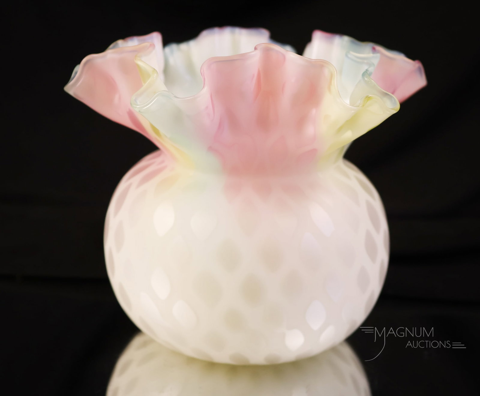 Signed "Patent" Webb Rainbow Victorian Mother of Pearl Satin Uranium Glass Vase: A gorgeous addition to your art glass collection. This is a signed "Patent" Webb Victorian vase in rainbow mother-of-pearl satin glass. This vase features a ruffled rim and bulbous body with strong ra