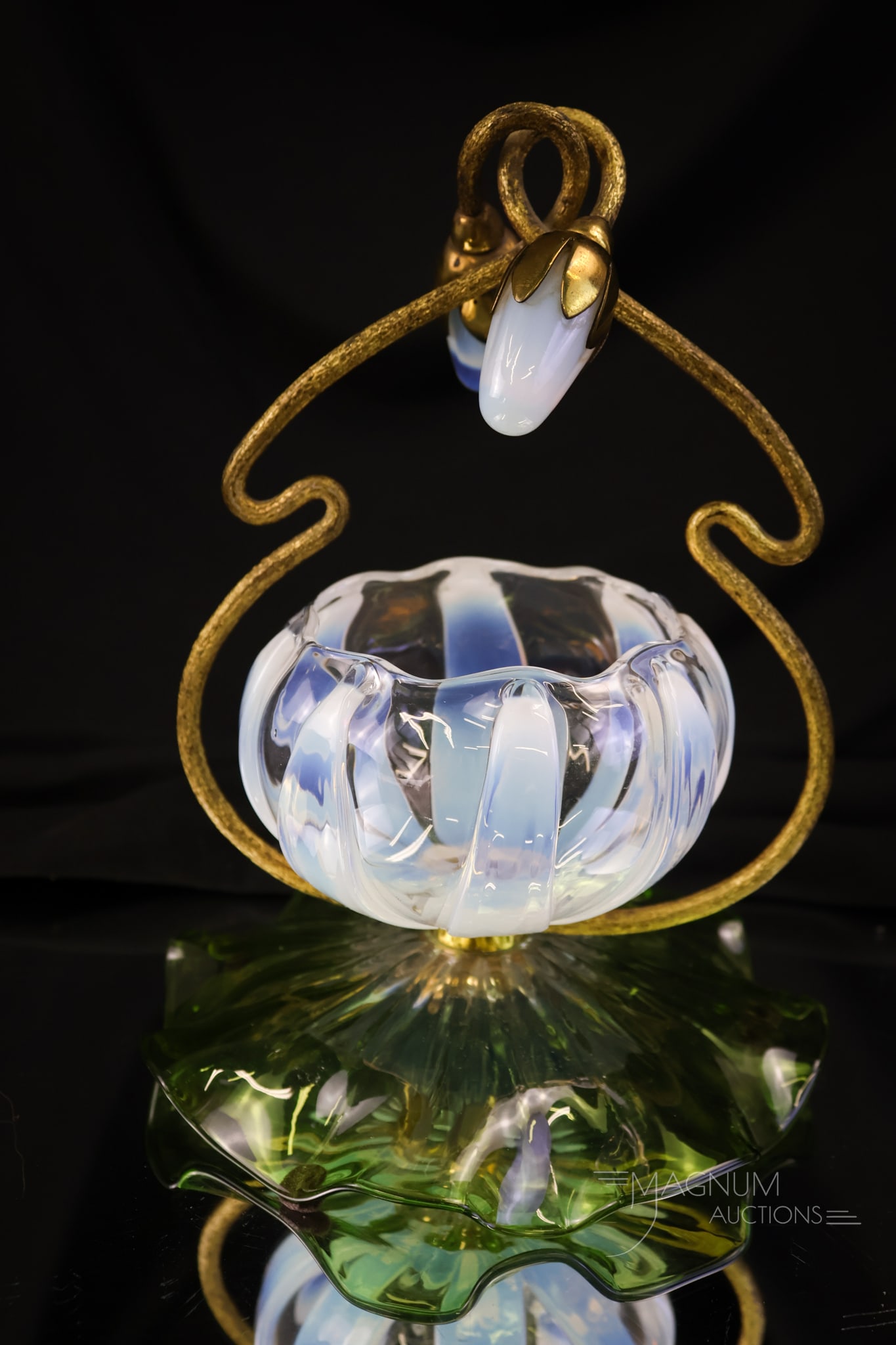 Walsh English Victorian Art Glass Lotus & Lily Pad Opalescent Figural Rose Bowl: A fine piece of Victorian art glass. This is a figural rose bowl in the form of a lotus flower and lily pad. This piece features gilt lotus stems that reach up, ending in opalescent glass buds. The lo