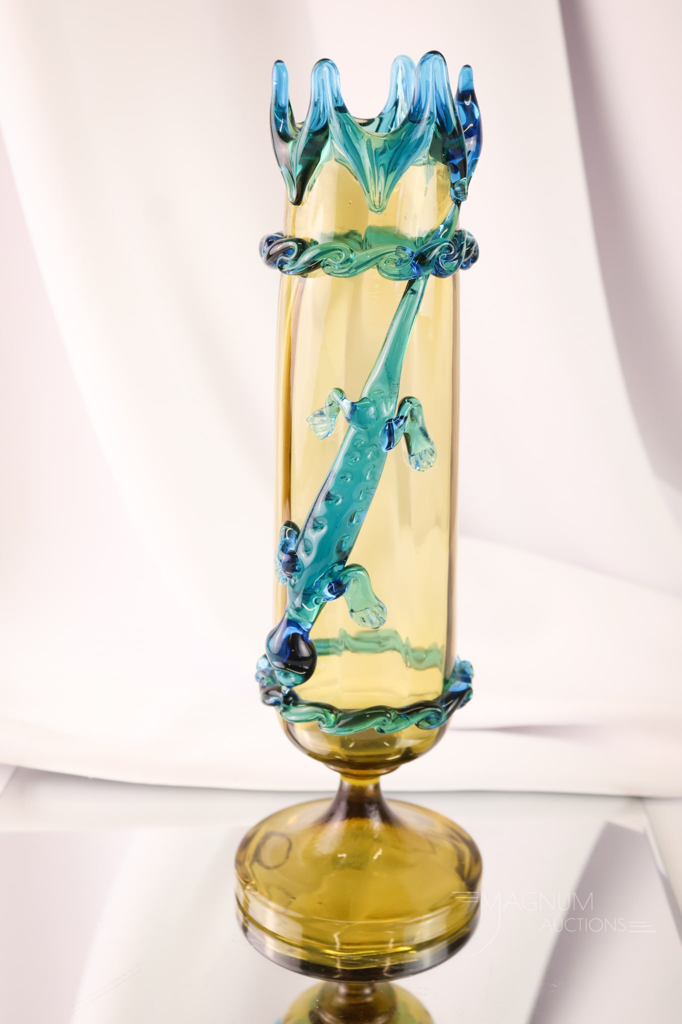 Bohemian Applied Lizard Art Glass 12 1/2" Vase: A wonderful find in Bohemian applied art glass. This vase features a full-figure lizard and rigaree and rim in deep celeste blue. This vase measures 12 1/2" tall. The vase has a spurious "S & W" signa