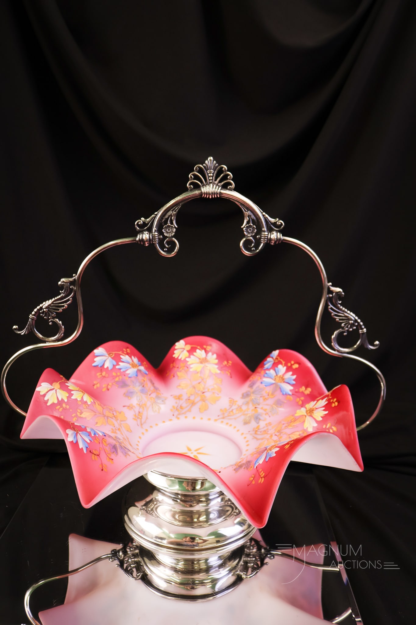 Victorian Large Pink Satin Enameled Art Glass & Silverplate Brides Basket Bowl Centerpiece (1 of 8)