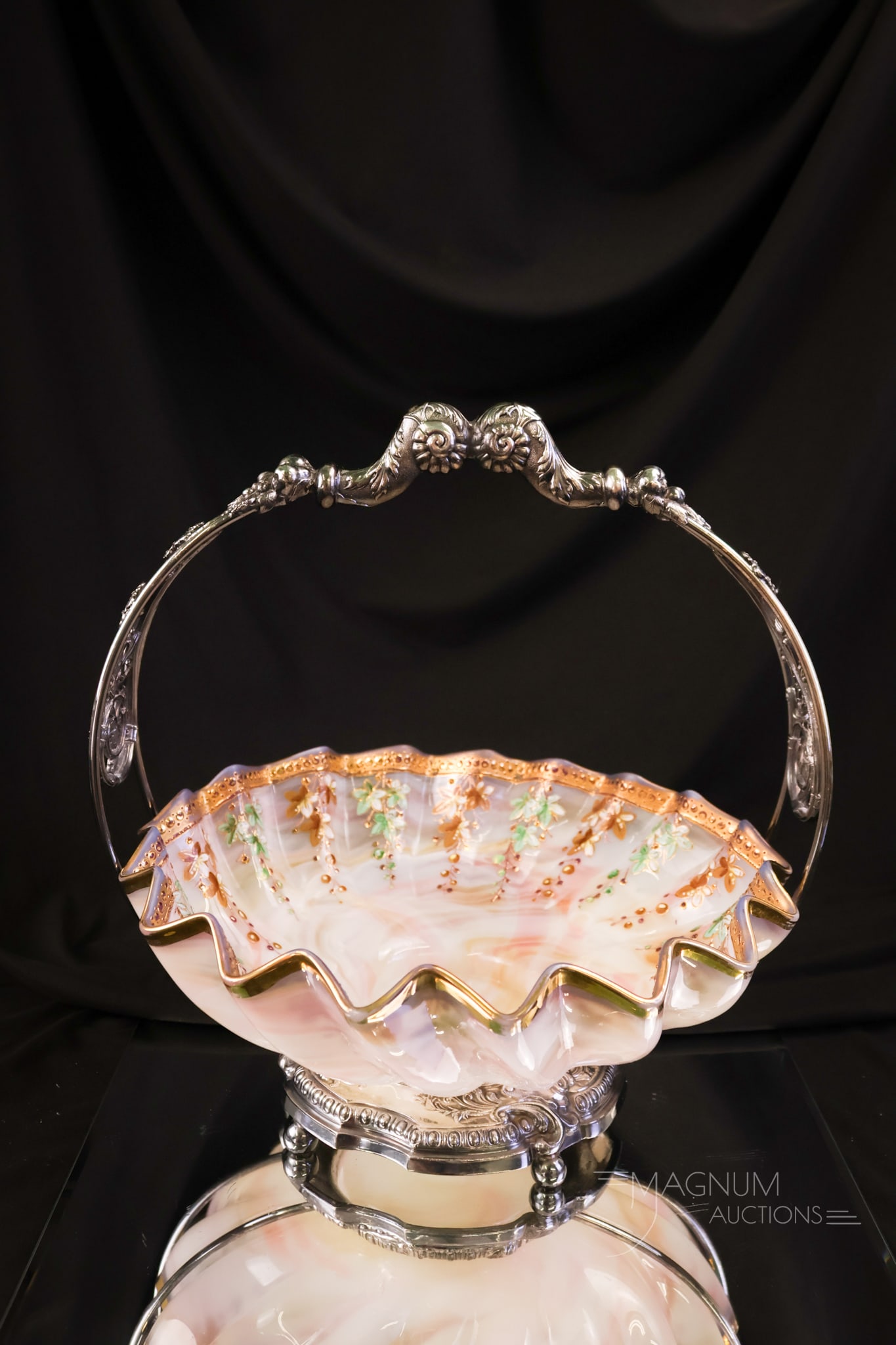 Reed & Barton Loetz Marmorietes Rainbow Spatter Victorian Glass & Silverplate Brides Basket Bowl (1 of 9)