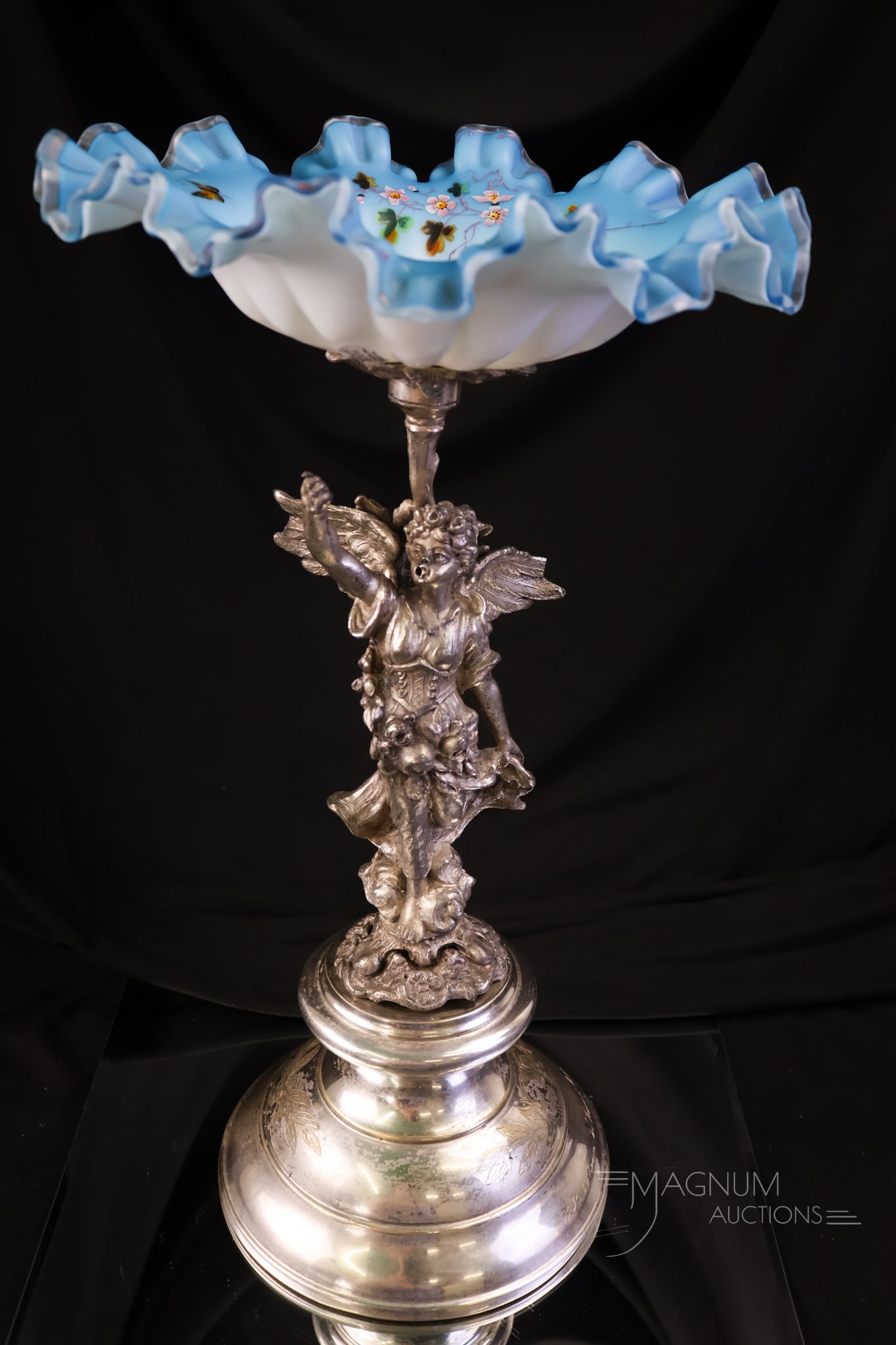 Figural Silverplate Victorian Blue Satin Glass Brides Bowl Centerpiece (1 of 8)